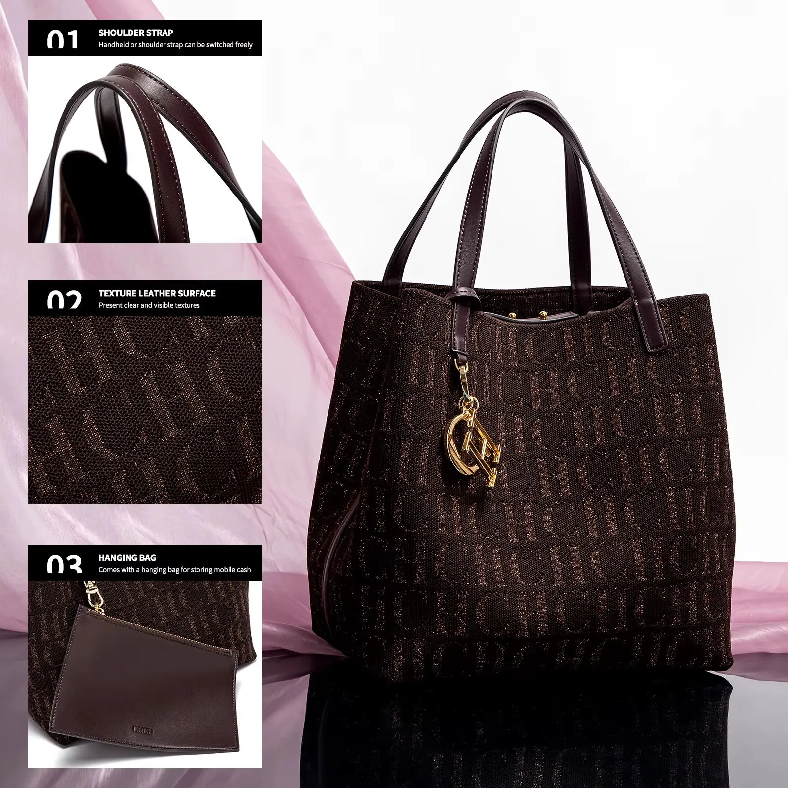 CH Simple Daily Commuter Bag Ladies Crossbod Ladies Tote Bag Large Capacity Ladies Shoulder Bag Solid Colour Letter Print Design