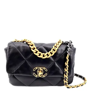 CHANEL 19 Small Flap Quilted Lambskin Leather Shoulder Bag Black