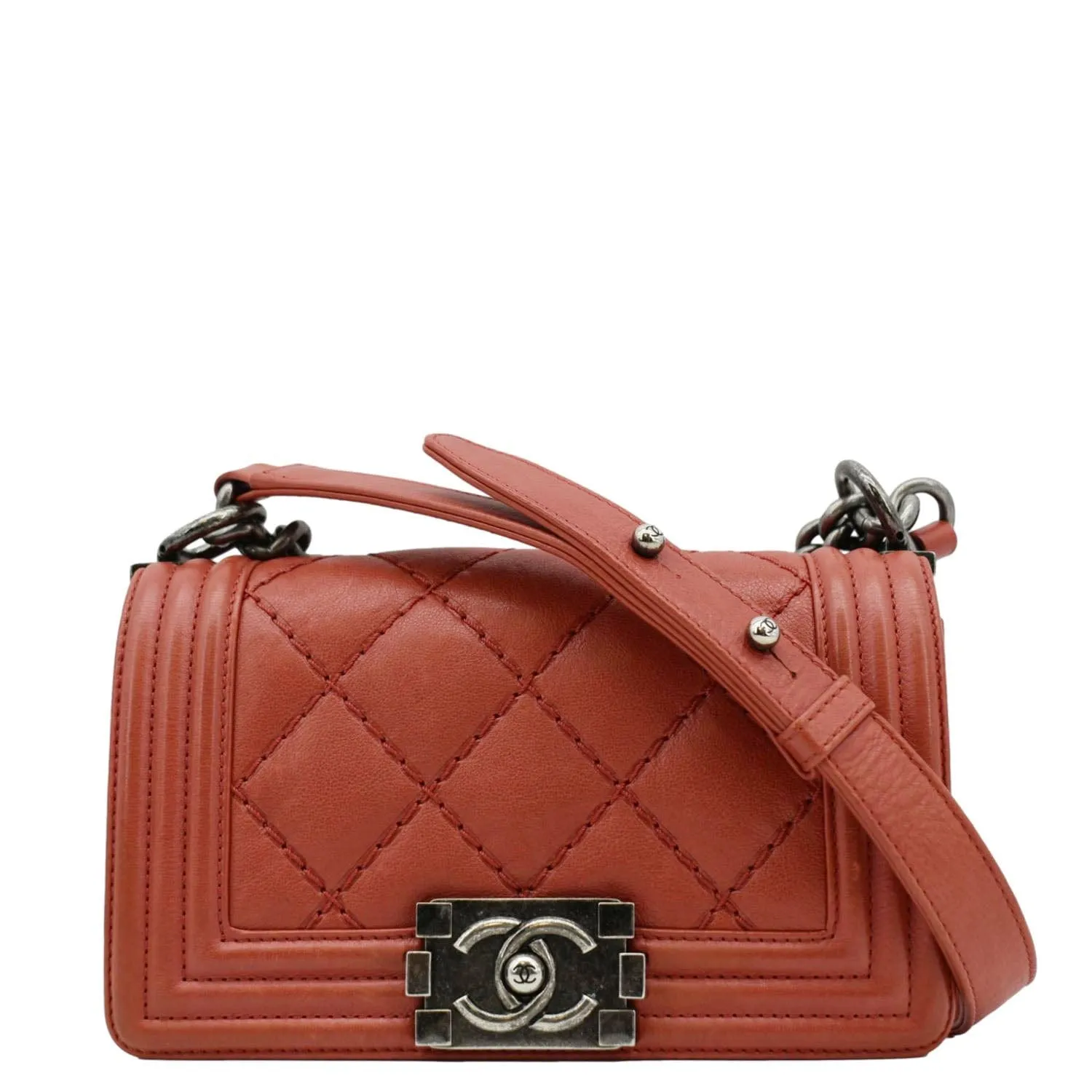 CHANEL Double Stitch Small Boy Flap Quilted Leather Shoulder Bag Red
