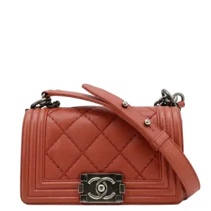 CHANEL Double Stitch Small Boy Flap Quilted Leather Shoulder Bag Red