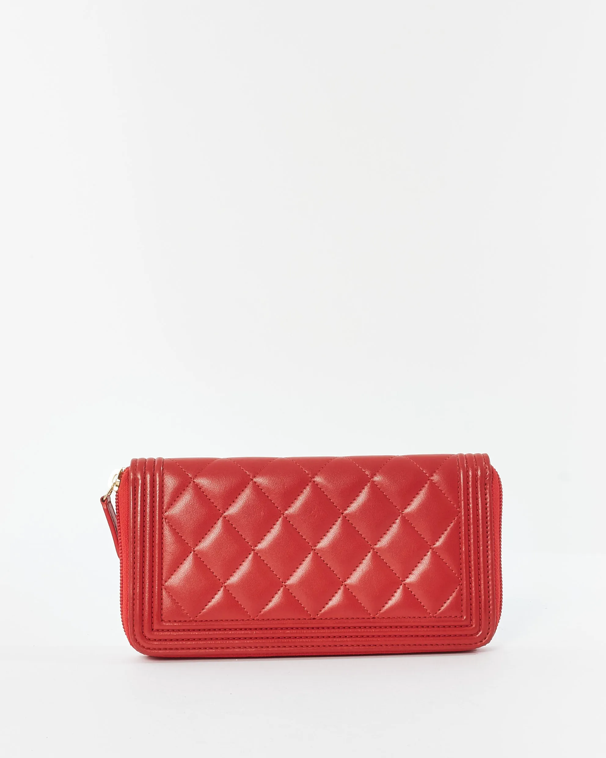 Chanel Red Lambskin Leather Boy Long Zip Around Wallet