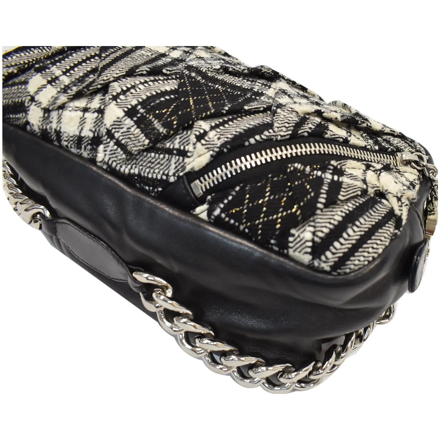 CHANEL Twisted Zipper Tweed Leather Shoulder Bag Black