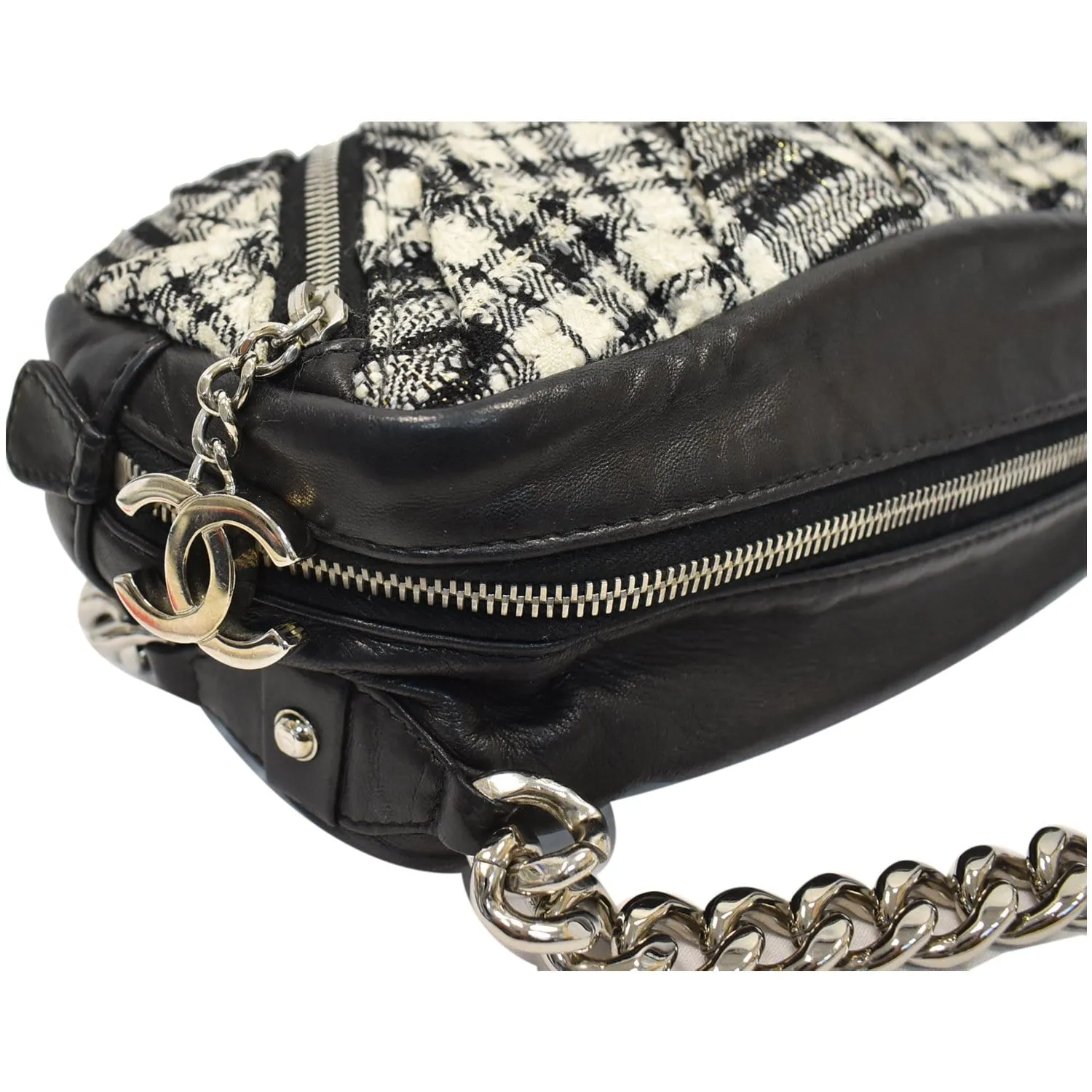 CHANEL Twisted Zipper Tweed Leather Shoulder Bag Black
