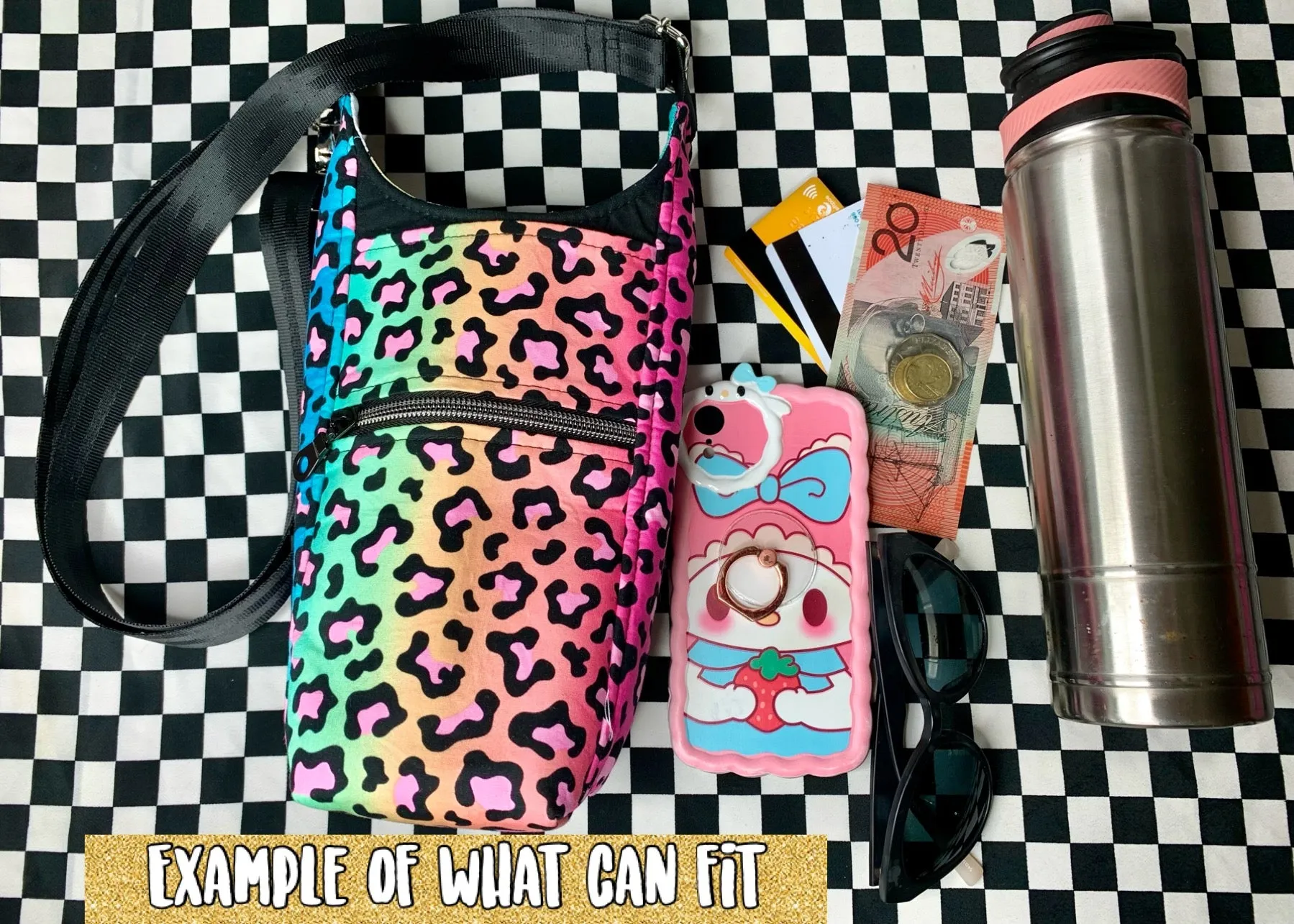 Cherries on black print drink bottle crossbody bag