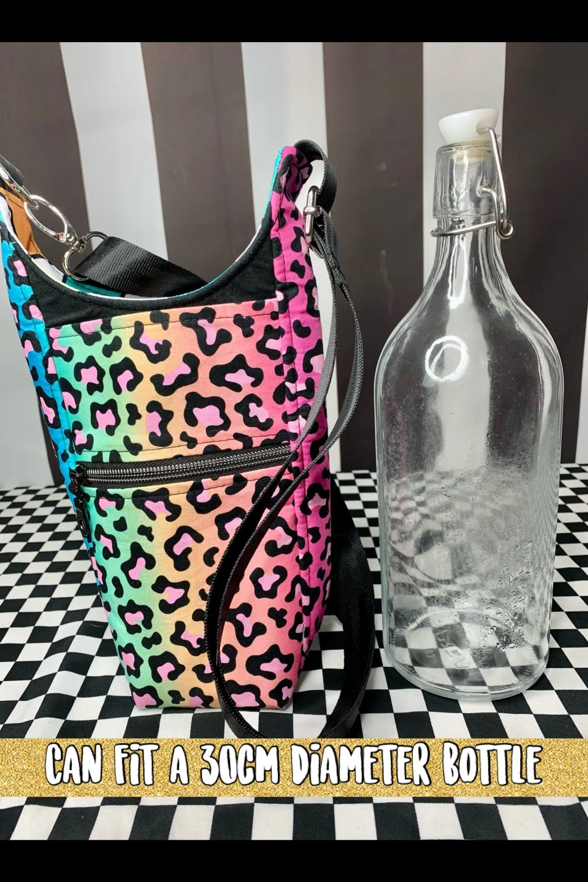 Cherries on black print drink bottle crossbody bag