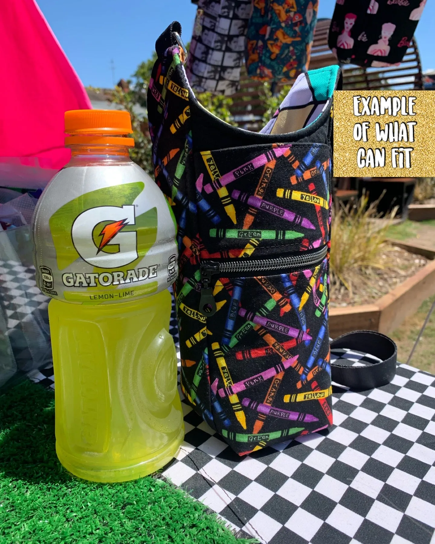 Cherries on black print drink bottle crossbody bag
