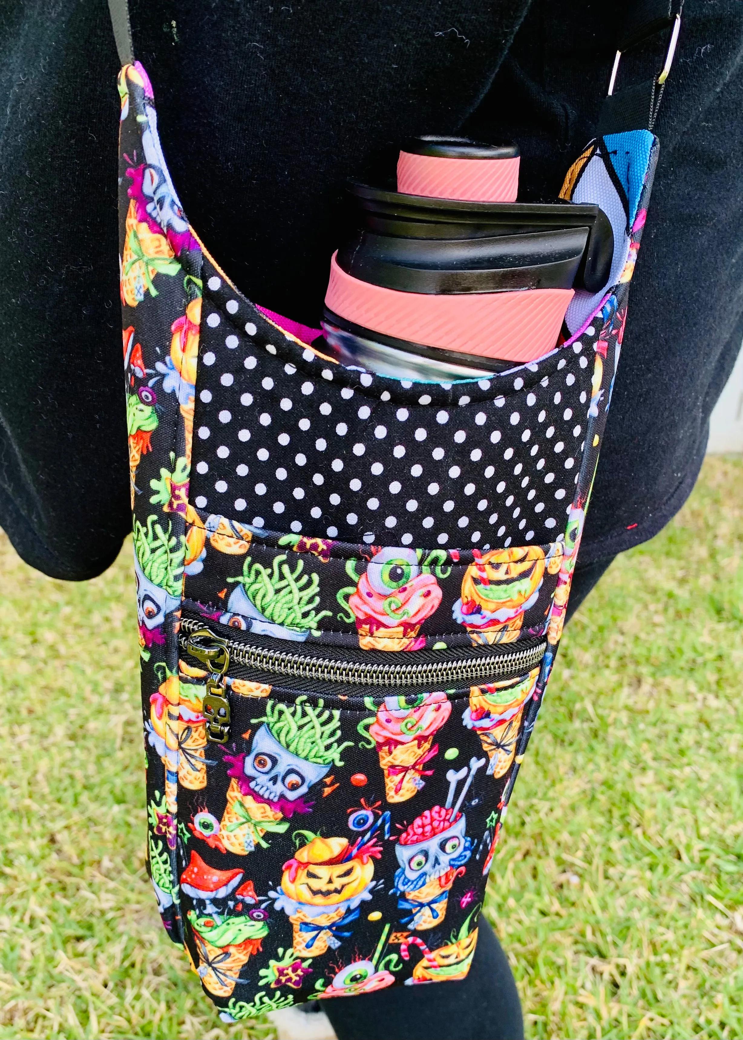 Cherries on black print drink bottle crossbody bag