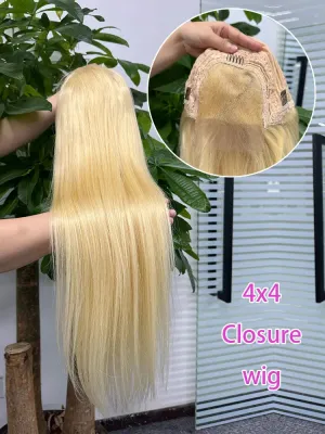 Closure Wig 4x4 Blonde Color 613# Straight Lace Wig 100% Real Human Hair Malaysian Machine Weft