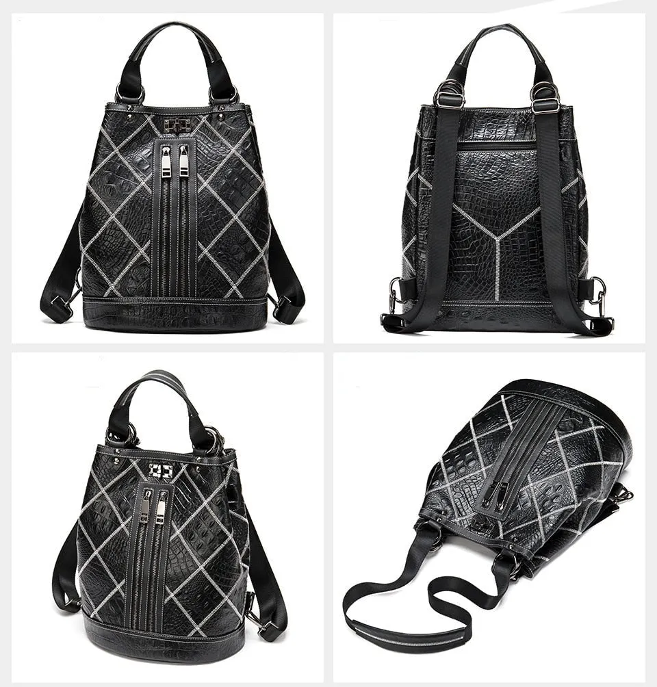 Convertible Embossed Leather Backpack Shoulder Bag for Women, 13 inches