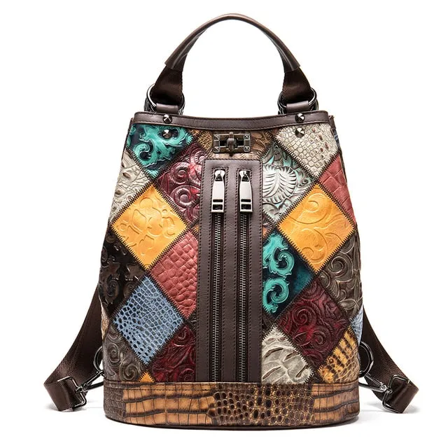 Convertible Embossed Leather Backpack Shoulder Bag for Women, 13 inches
