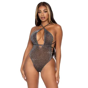Convertible Plunging Rhinestone Teddy - Black/Silver O/S