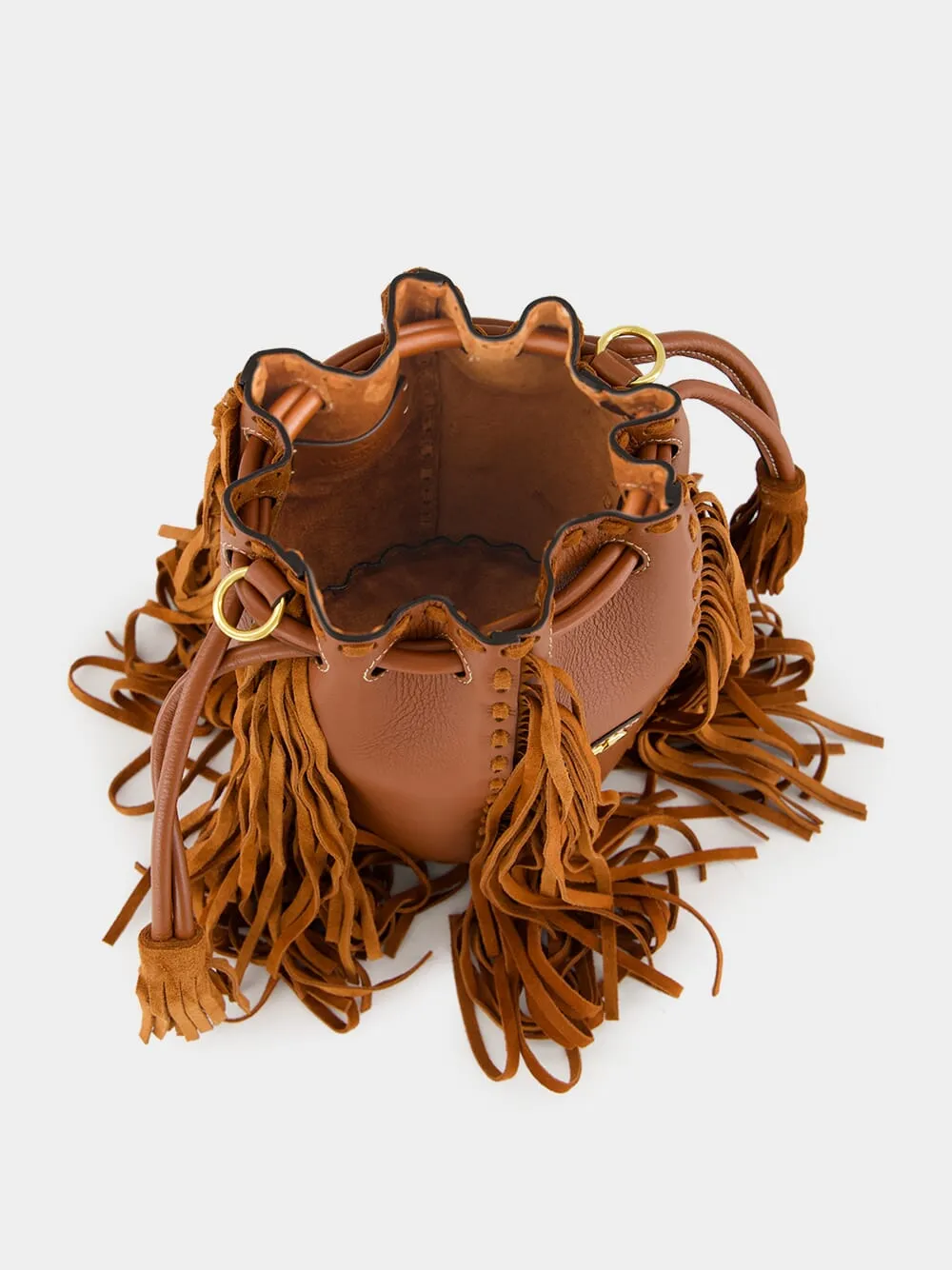 Deep Caramel Fringed Leather Small Shoulder Bag
