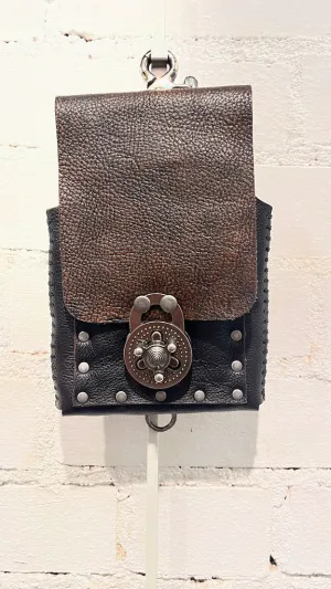 Distressed Black and BrownLeather Cell Phone Case with Silver Closure MMP16