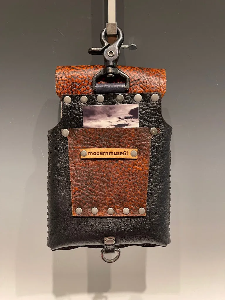 Distressed Black and Dark Red Leather Cell Phone Case with Silver Closure MMP3