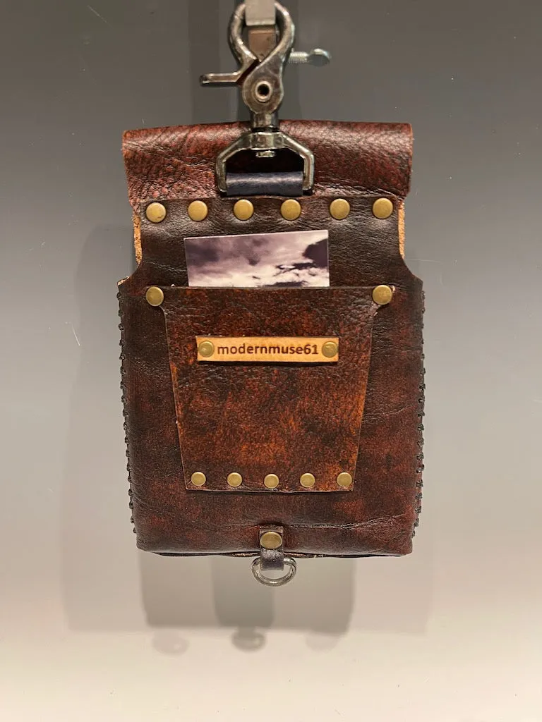 Distressed Brown Leather Cell Phone Case with Brass Closure MMP7