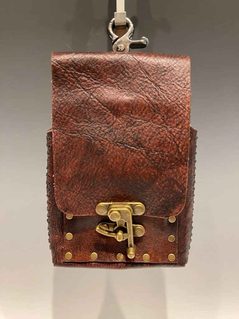 Distressed Brown Leather Cell Phone Case with Brass Closure MMP7
