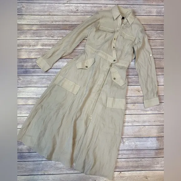 DKNY Womens Beige Cargo Button-Down Asymmetric Midi Dress Size XS