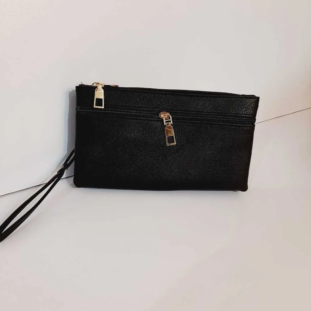 Double Zip Soft Leather Wallet - Black - W07