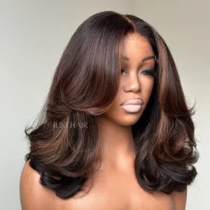 Face-Framing Highlight Brown Layered Cut Wavy Lace Closure Wig