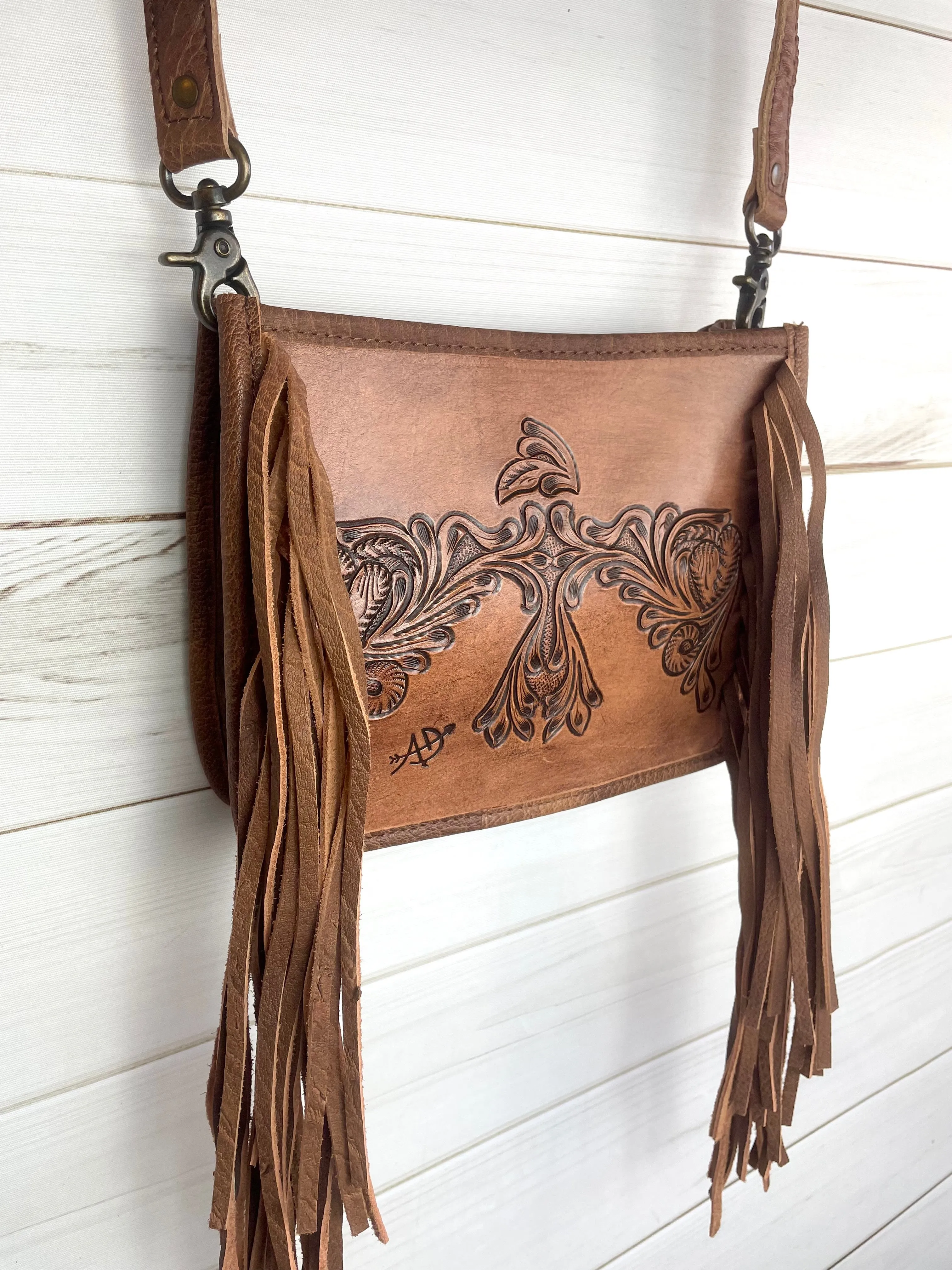 Firebird Tooled Leather Fringe Crossbody Purse