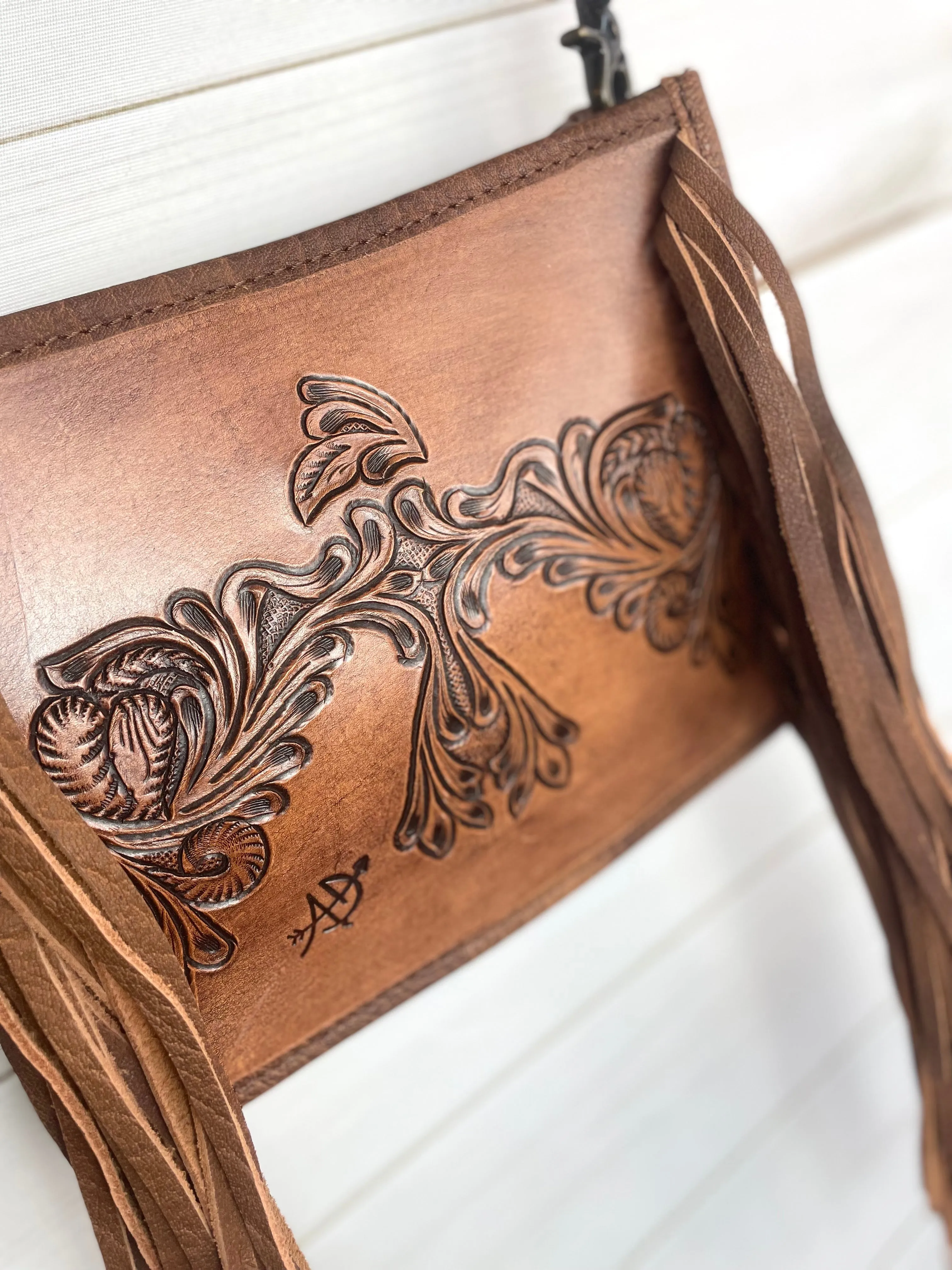 Firebird Tooled Leather Fringe Crossbody Purse