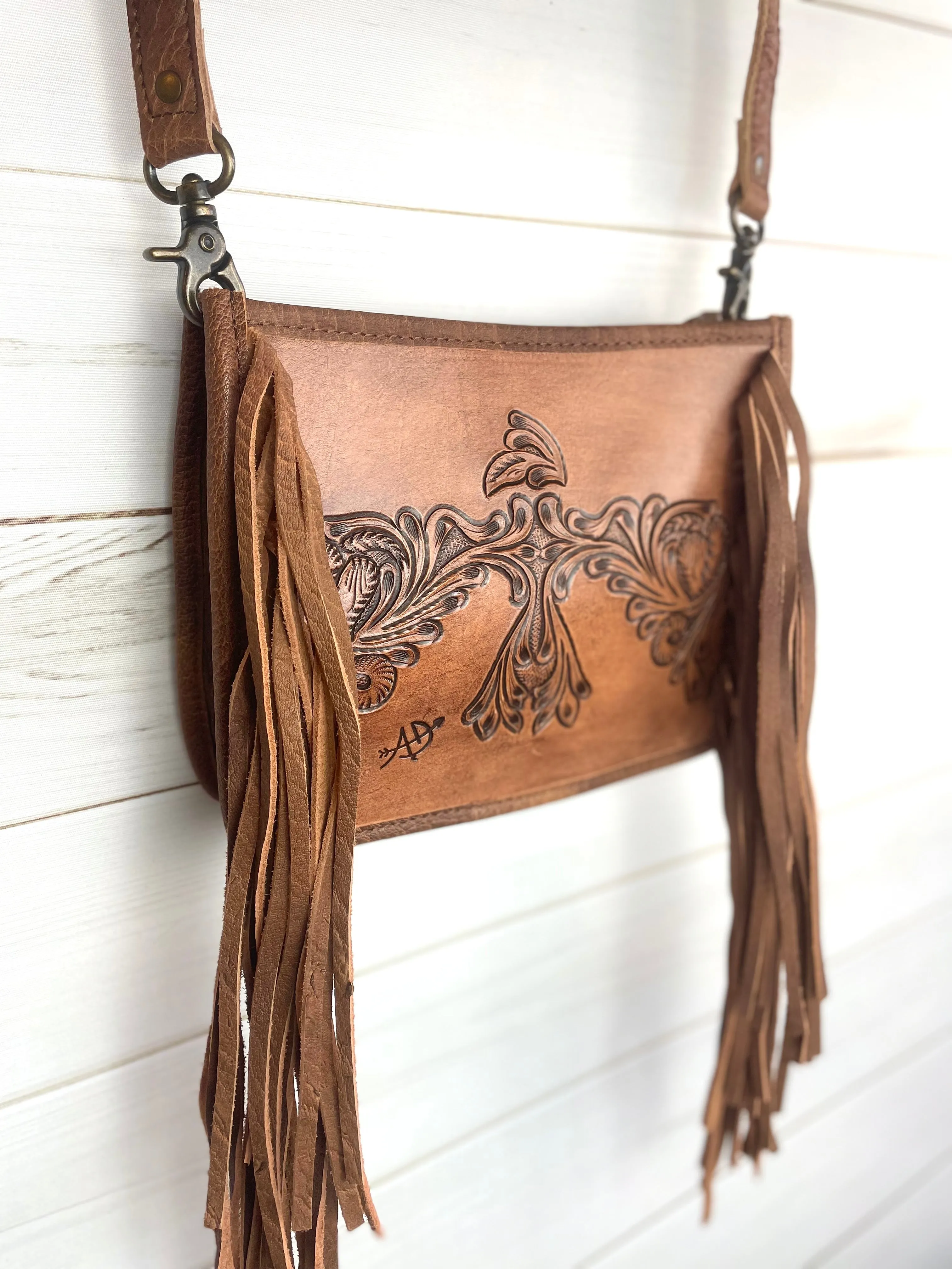 Firebird Tooled Leather Fringe Crossbody Purse