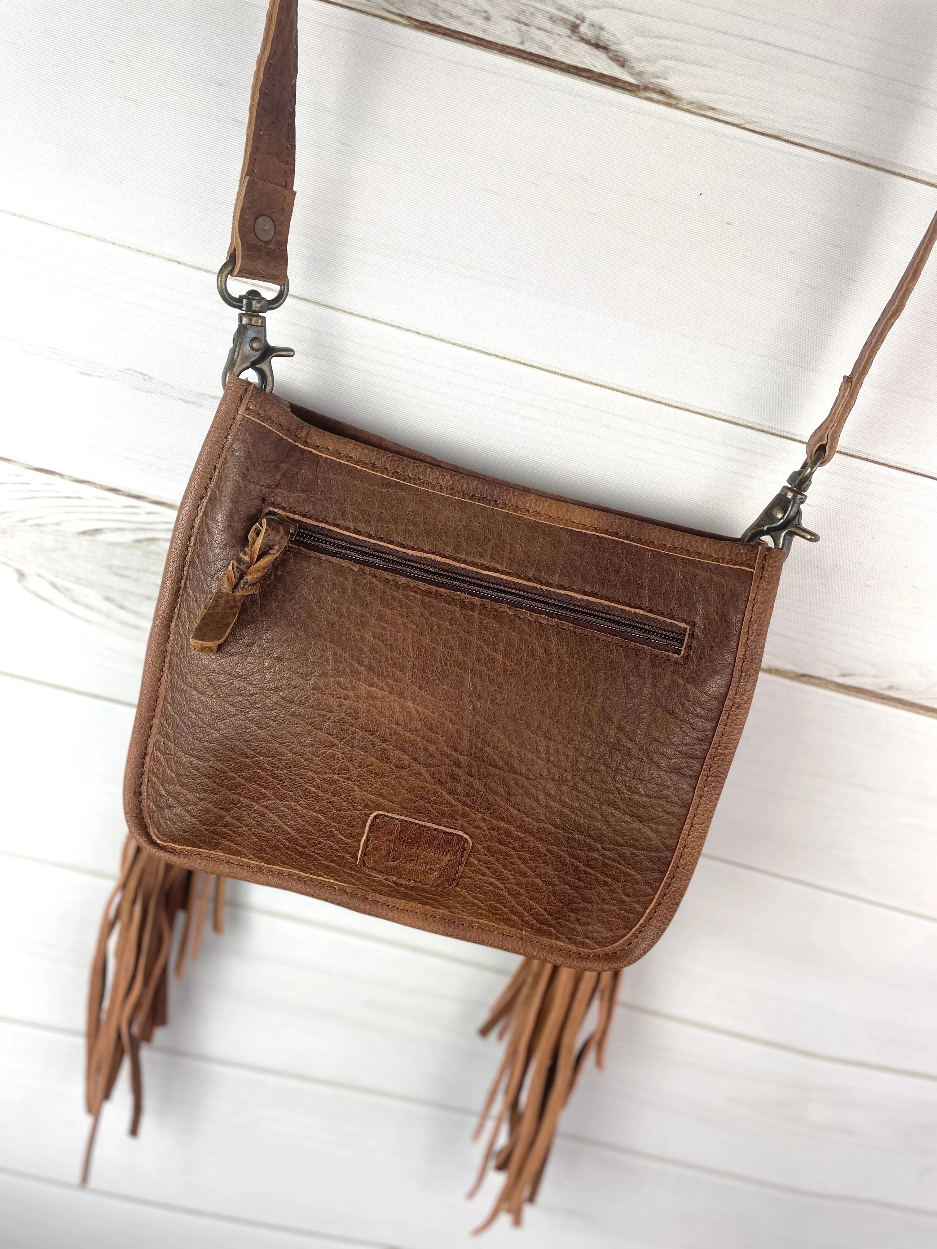 Firebird Tooled Leather Fringe Crossbody Purse