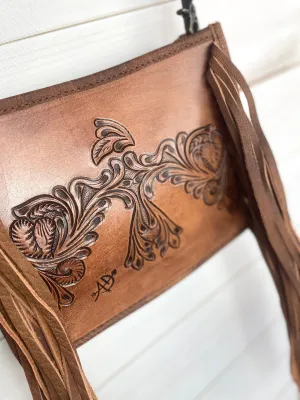 Firebird Tooled Leather Fringe Crossbody Purse