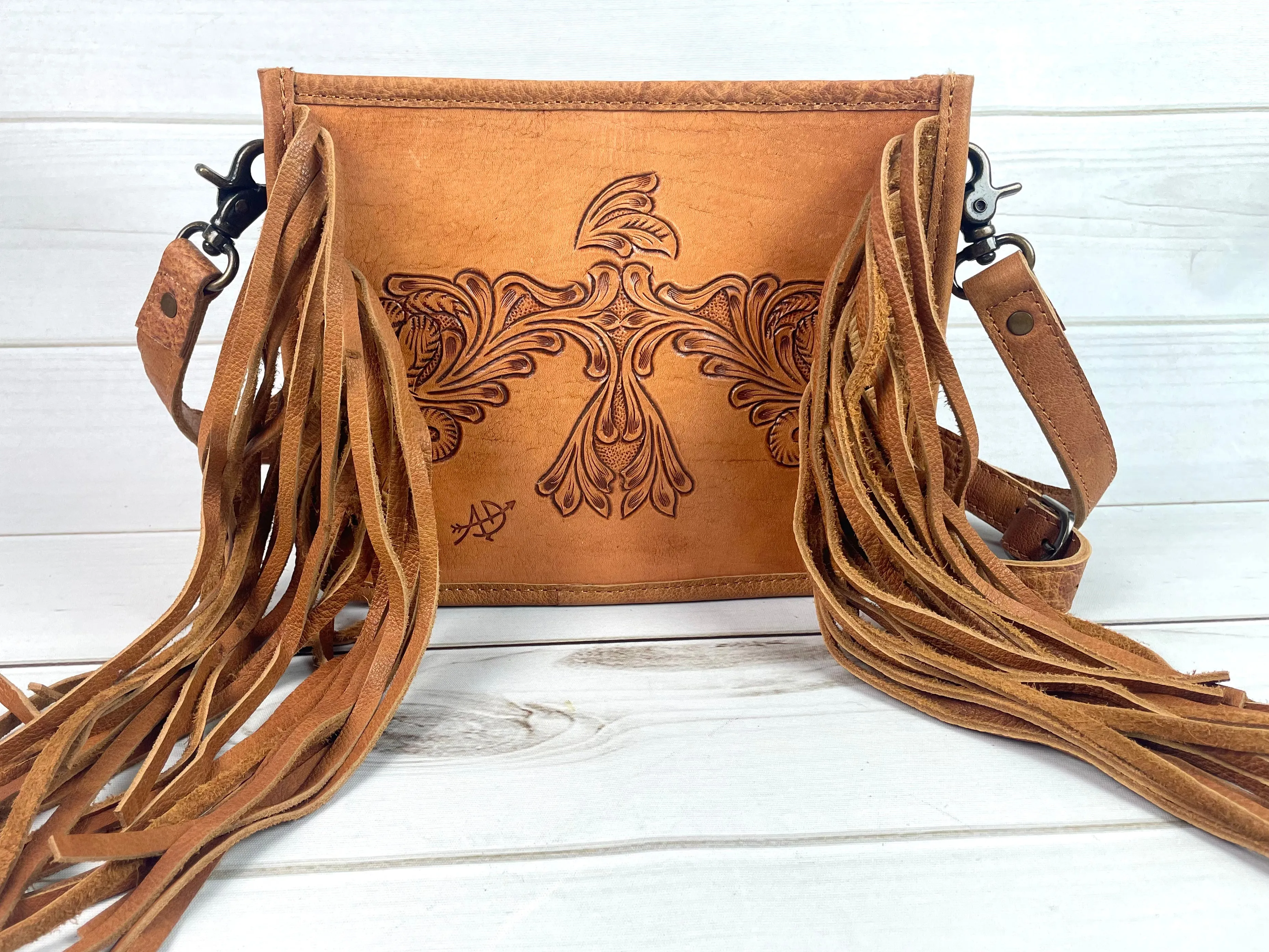 Firebird Tooled Leather Fringe Crossbody Purse