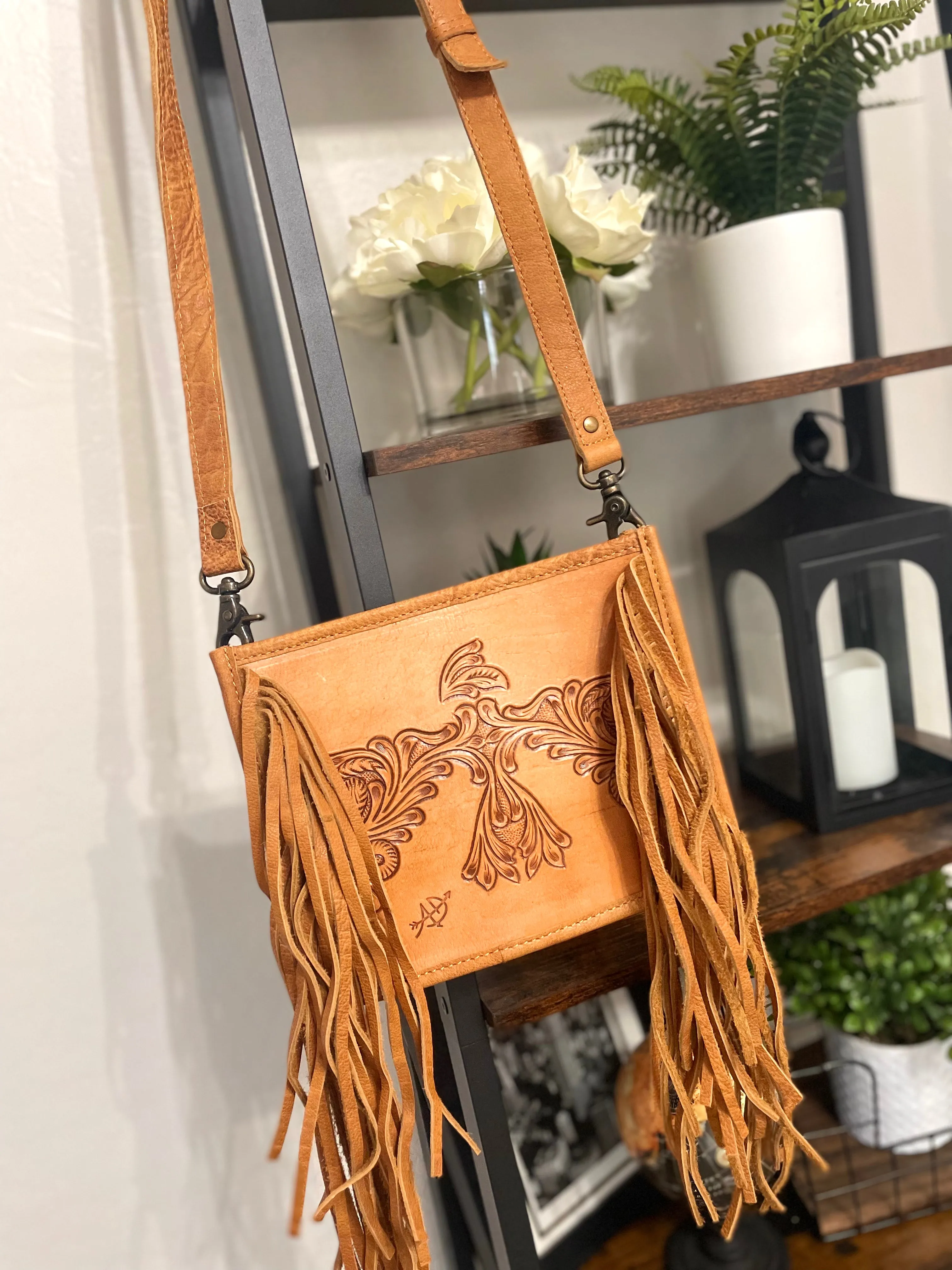 Firebird Tooled Leather Fringe Crossbody Purse