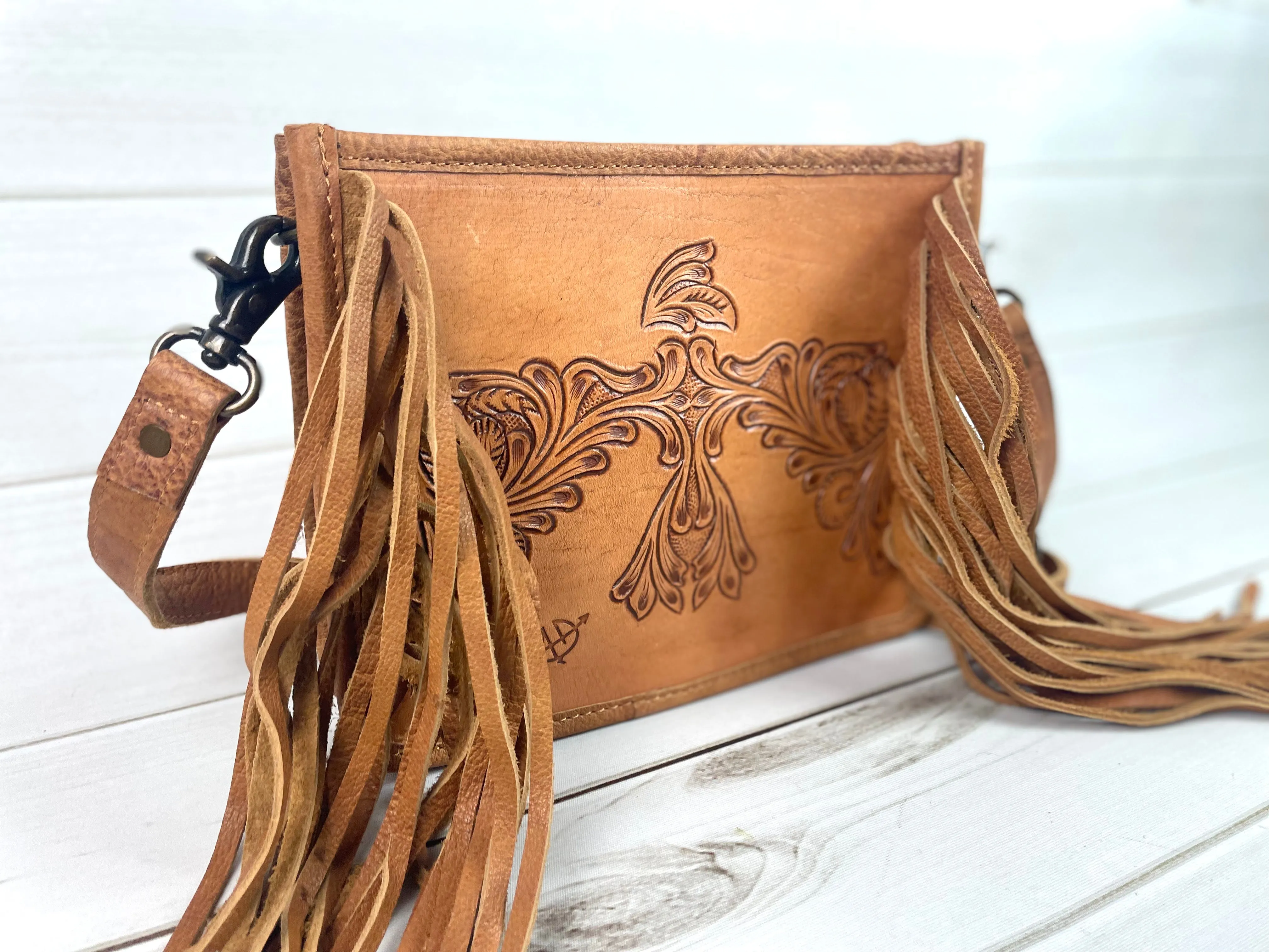 Firebird Tooled Leather Fringe Crossbody Purse