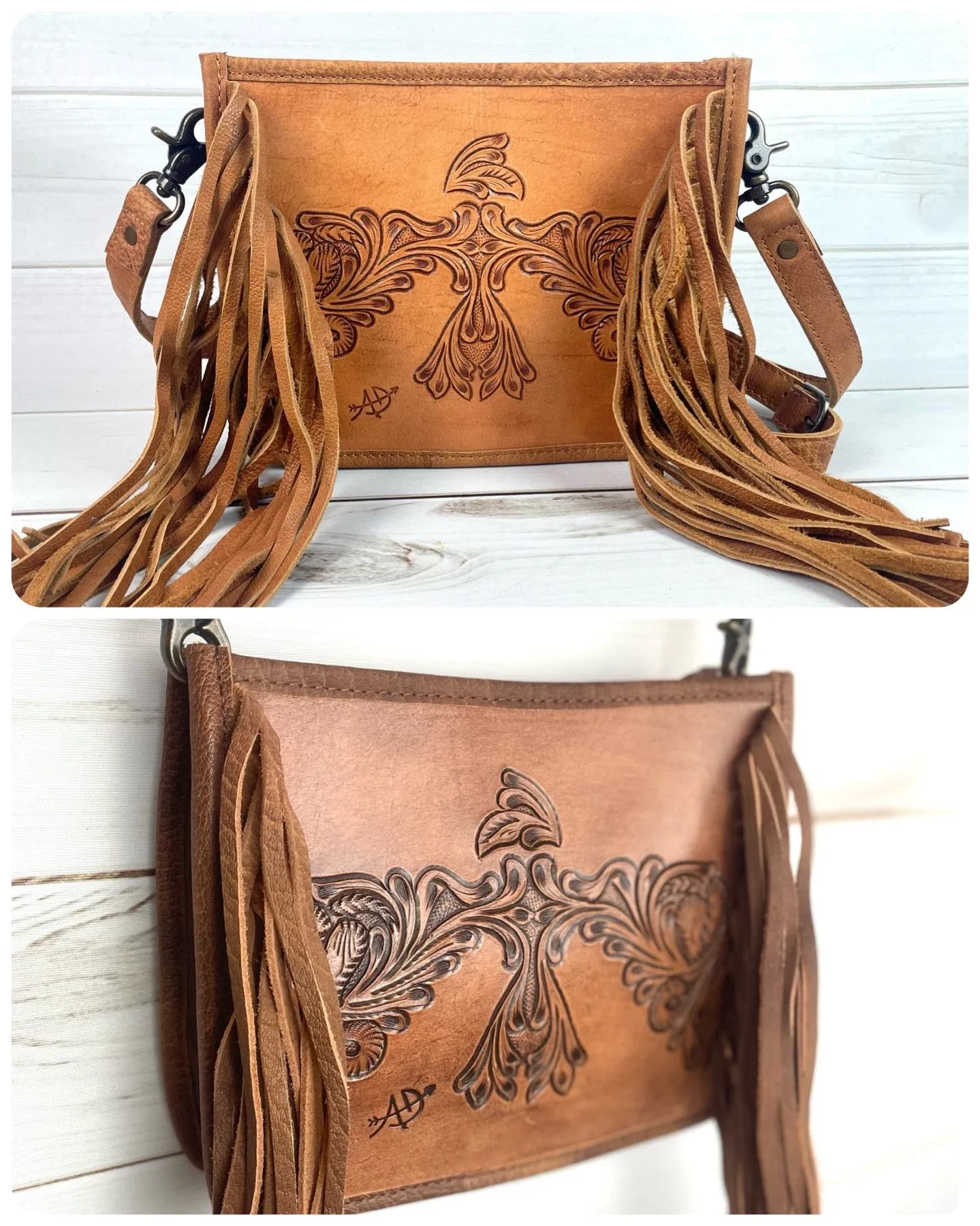 Firebird Tooled Leather Fringe Crossbody Purse