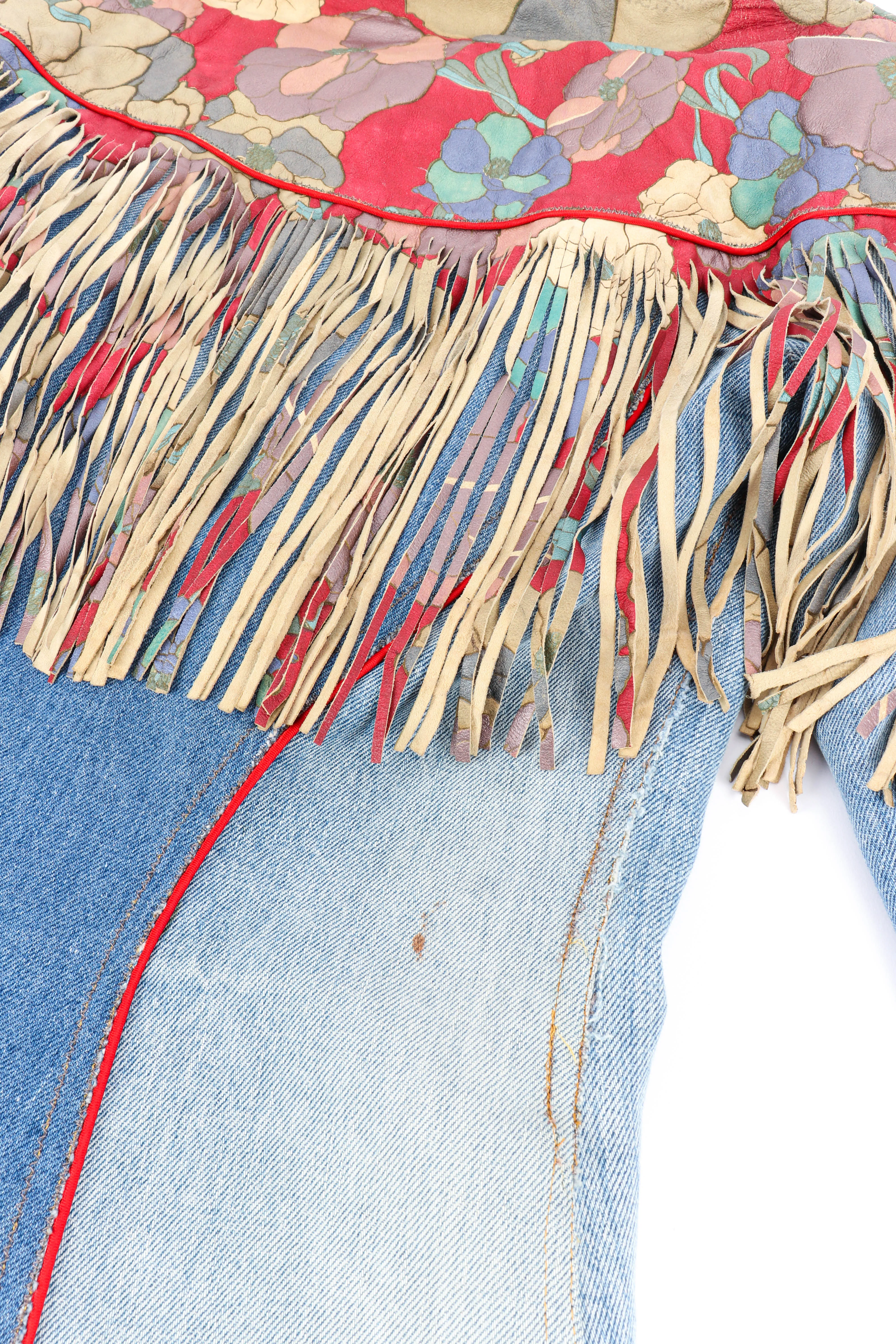 Floral Denim Leather Fringe Jacket