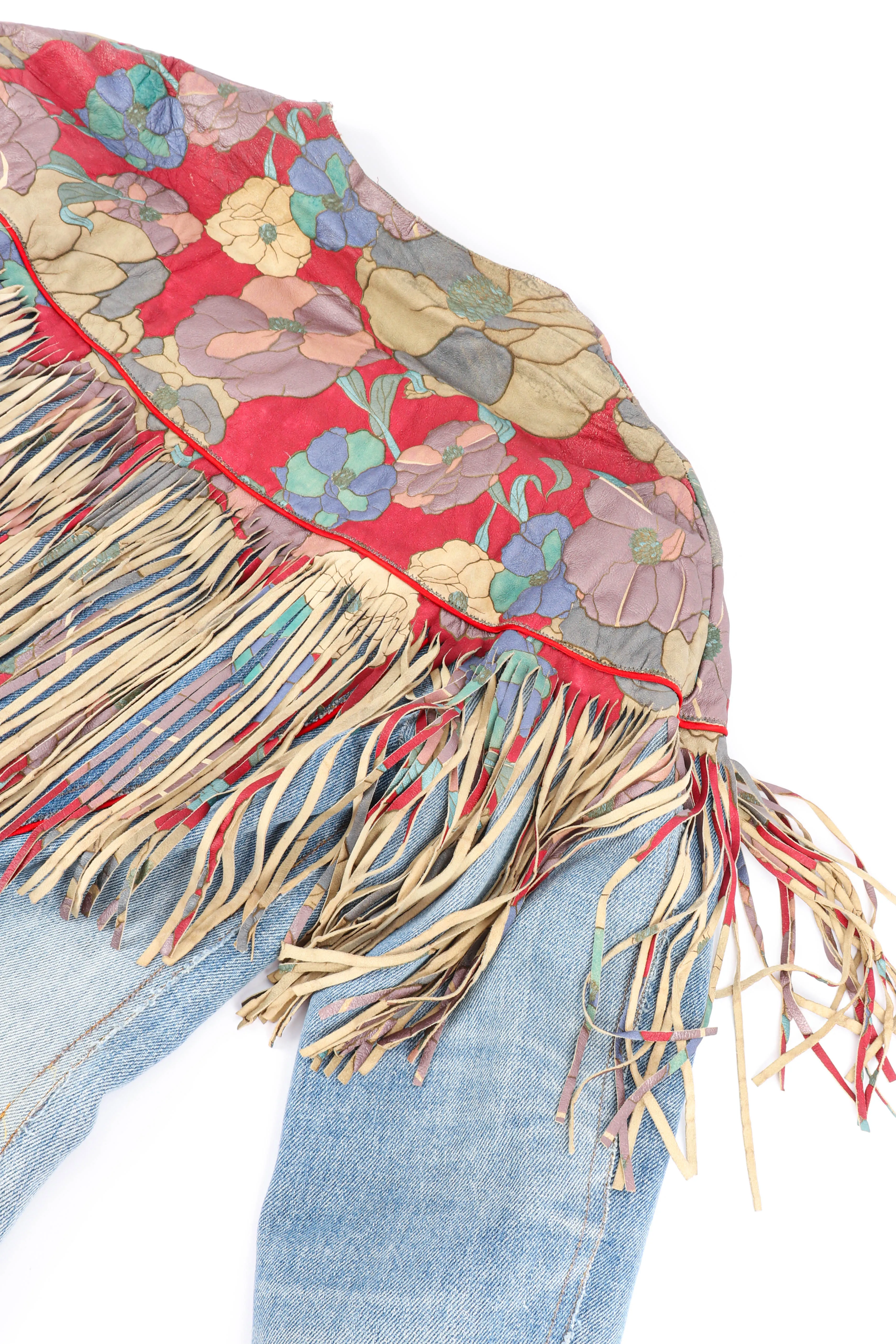 Floral Denim Leather Fringe Jacket