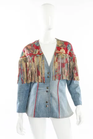 Floral Denim Leather Fringe Jacket