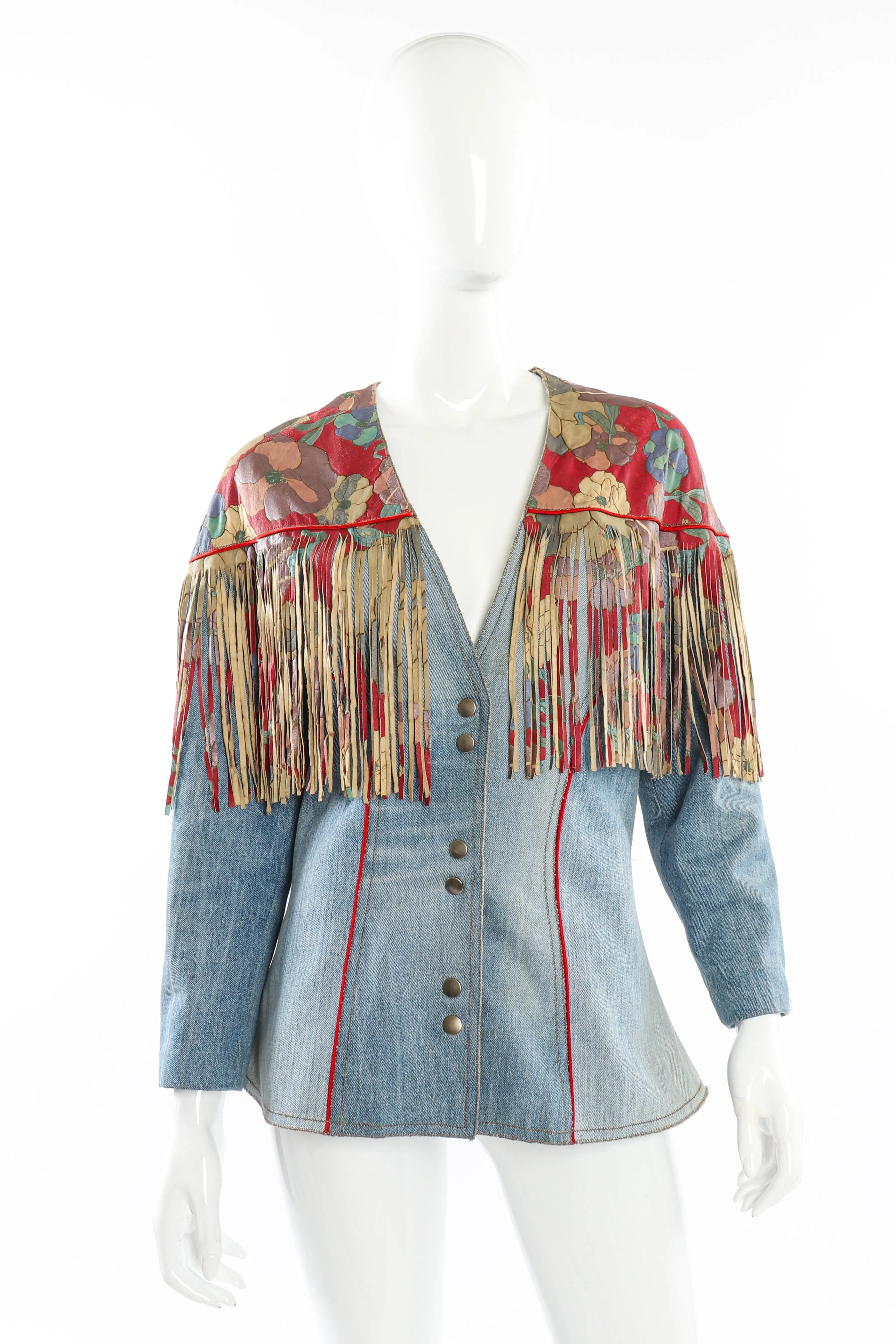 Floral Denim Leather Fringe Jacket