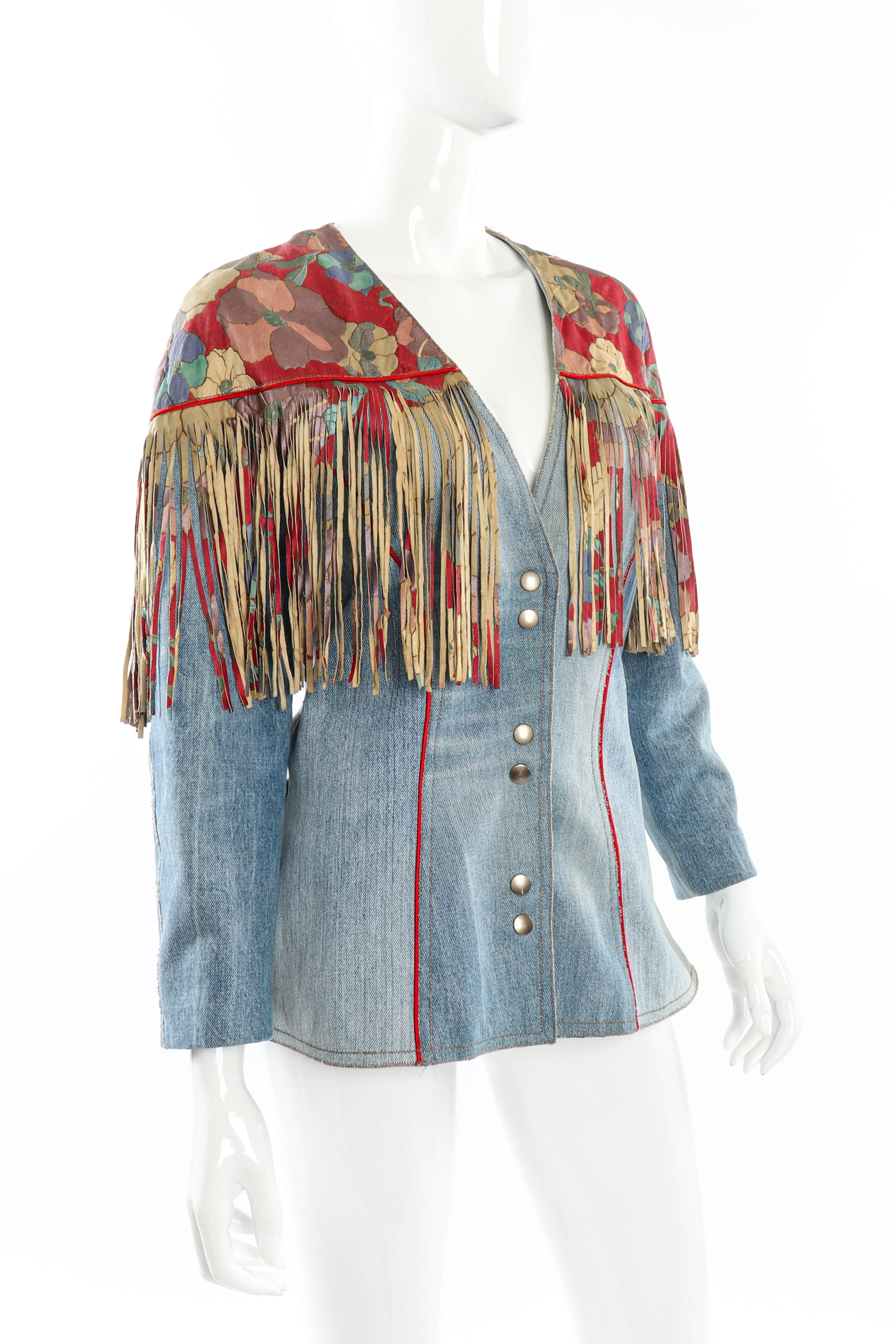 Floral Denim Leather Fringe Jacket