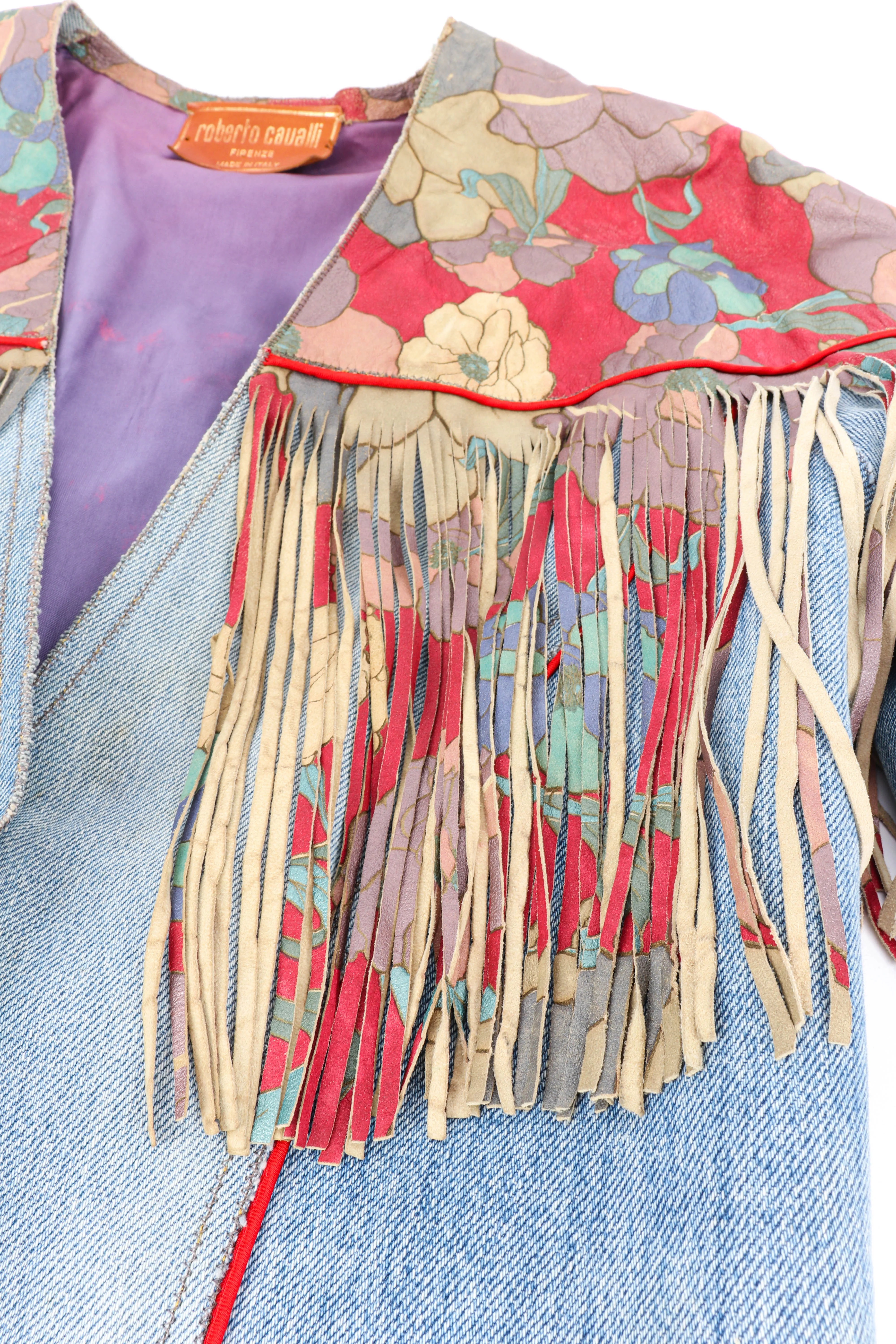 Floral Denim Leather Fringe Jacket