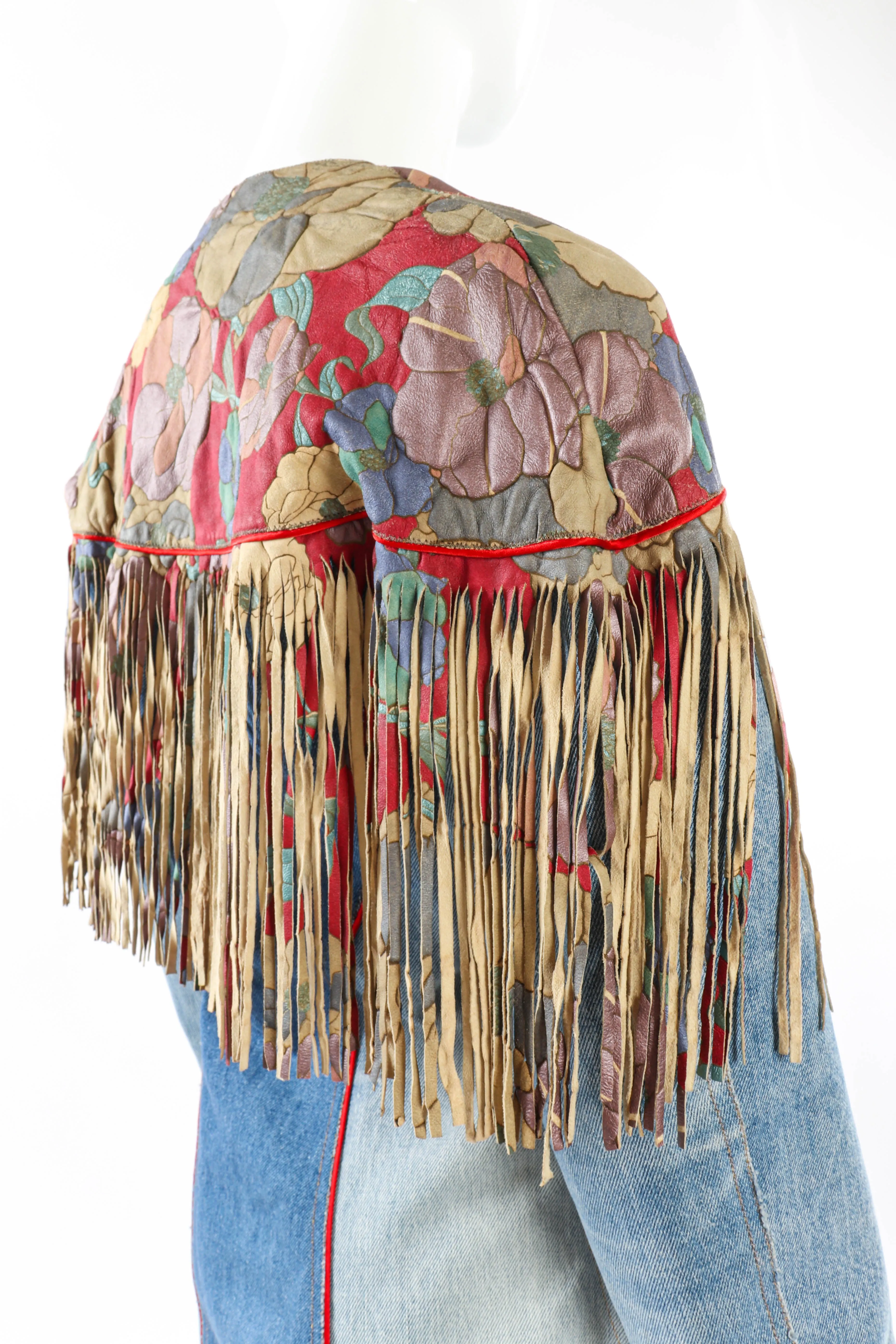 Floral Denim Leather Fringe Jacket
