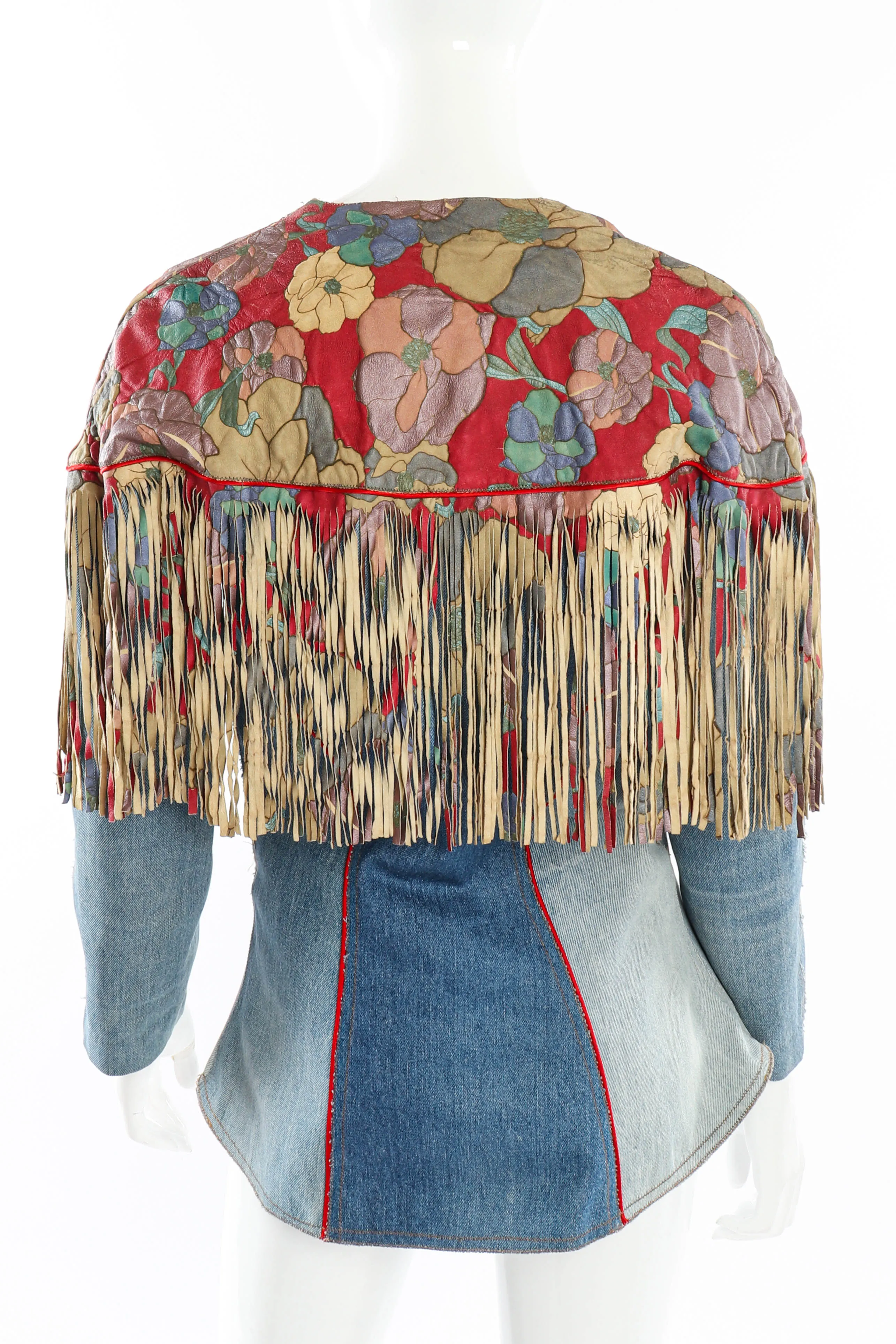 Floral Denim Leather Fringe Jacket
