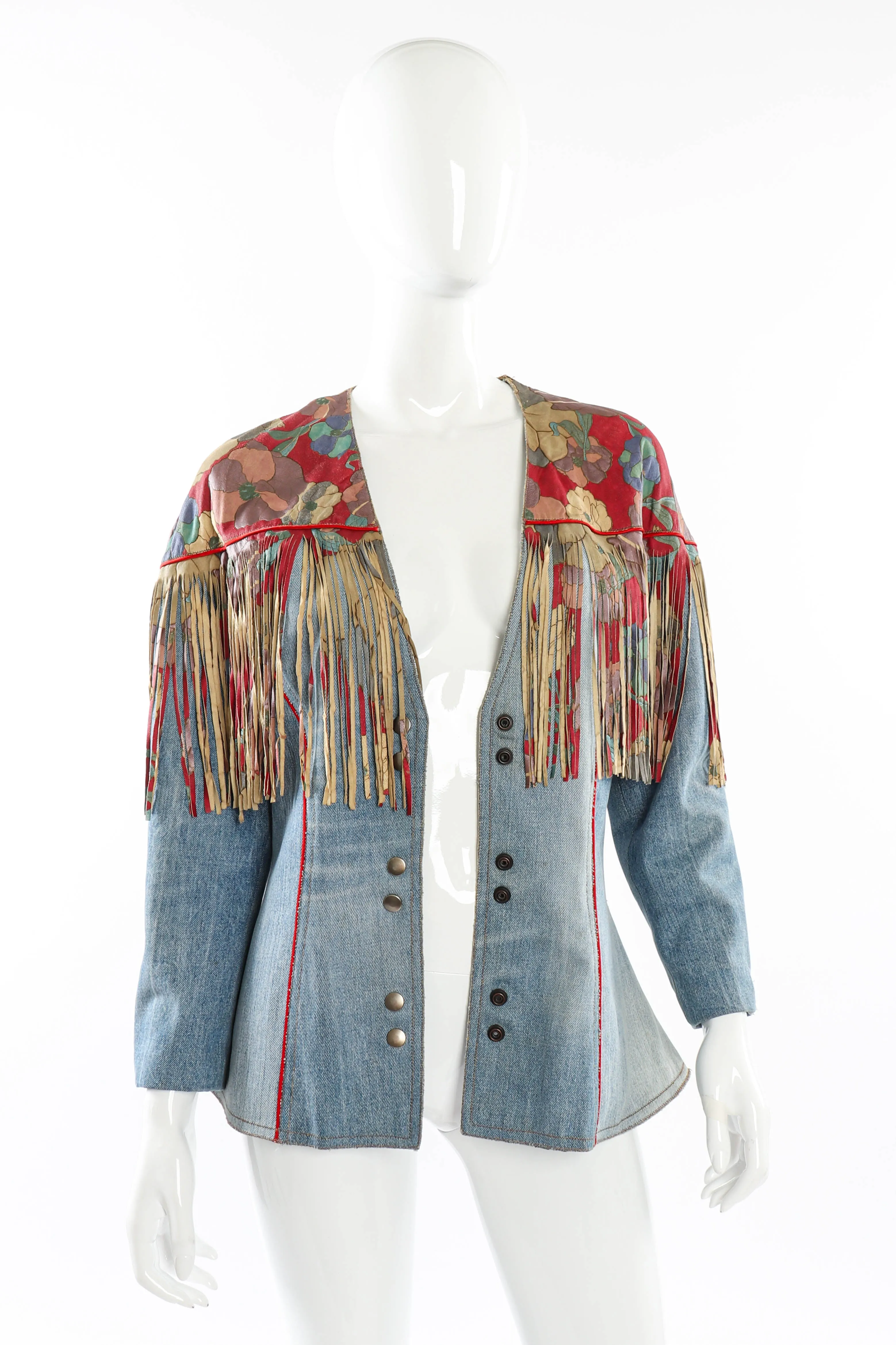 Floral Denim Leather Fringe Jacket