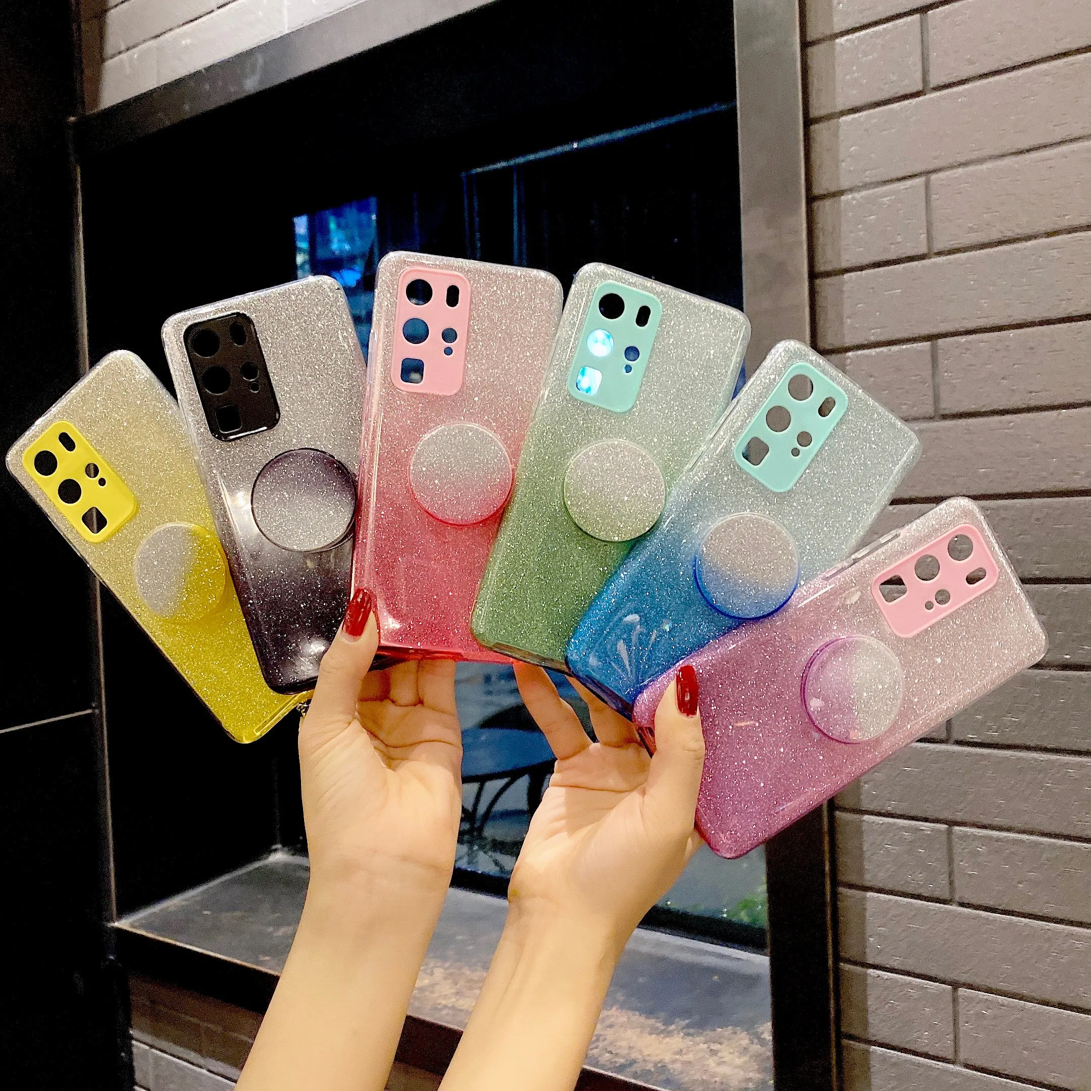For HUAWEI Mate 30/Nova 5I pro/Mate 30 Pro/PSmart /Y5P/Y6P 2020 Phone Case Gradient Color Glitter Powder Phone Cover with Airbag Bracket green