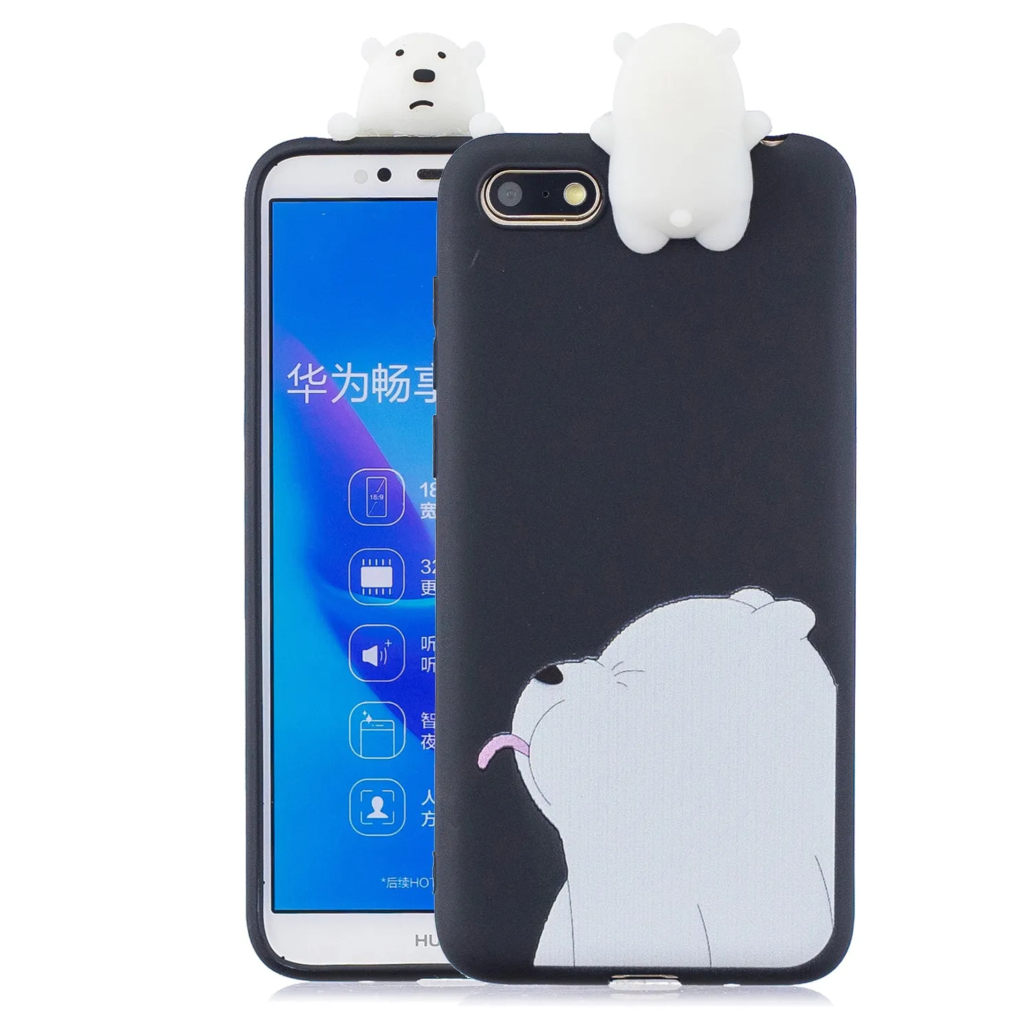 For HUAWEI Y5 2018 3D Cute Coloured Painted Animal TPU Anti-scratch Non-slip Protective Cover Back Case black