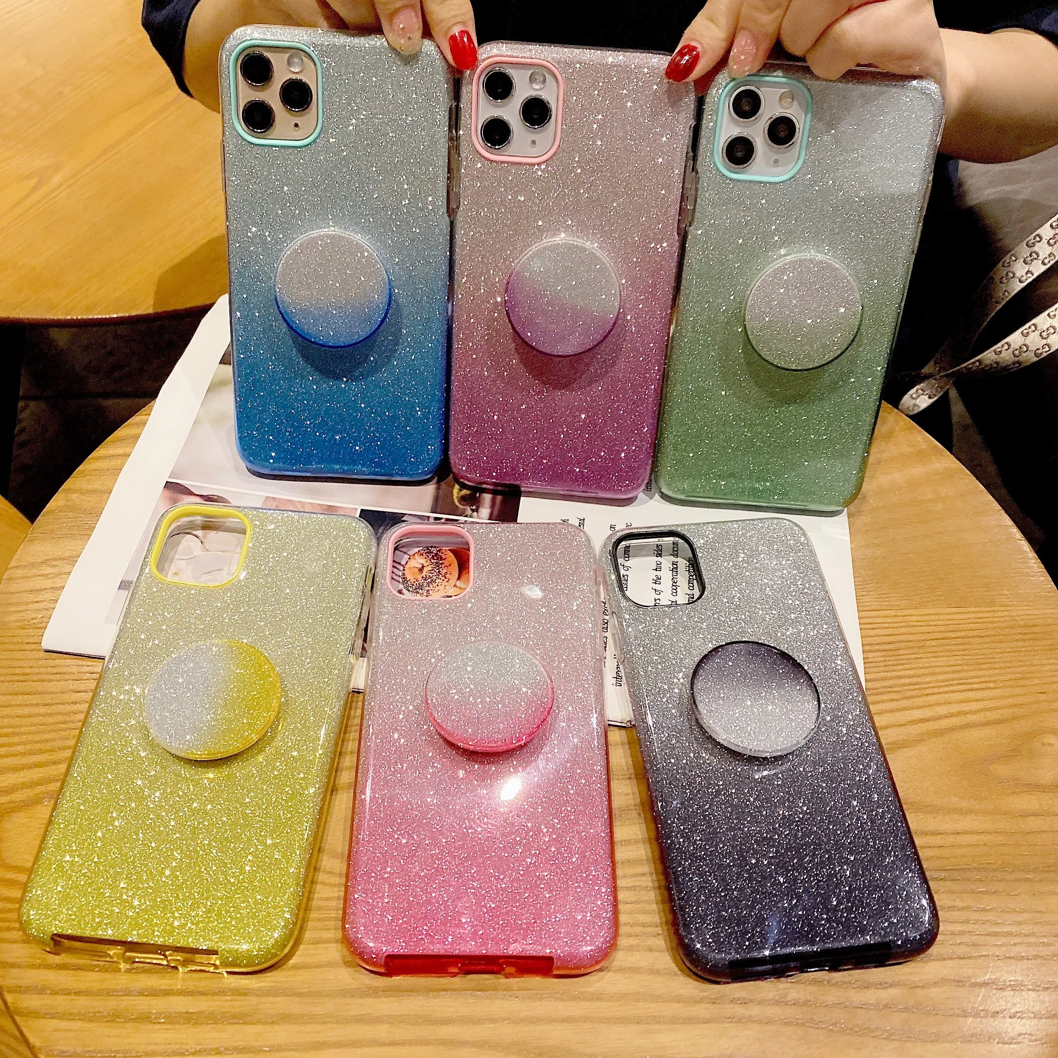 for HUAWEI Y5 2019/HONOR 8S/Y5/PSmart/honor 10 LITE Phone Case Gradient Color Glitter Powder Phone Cover with Airbag Bracket yellow