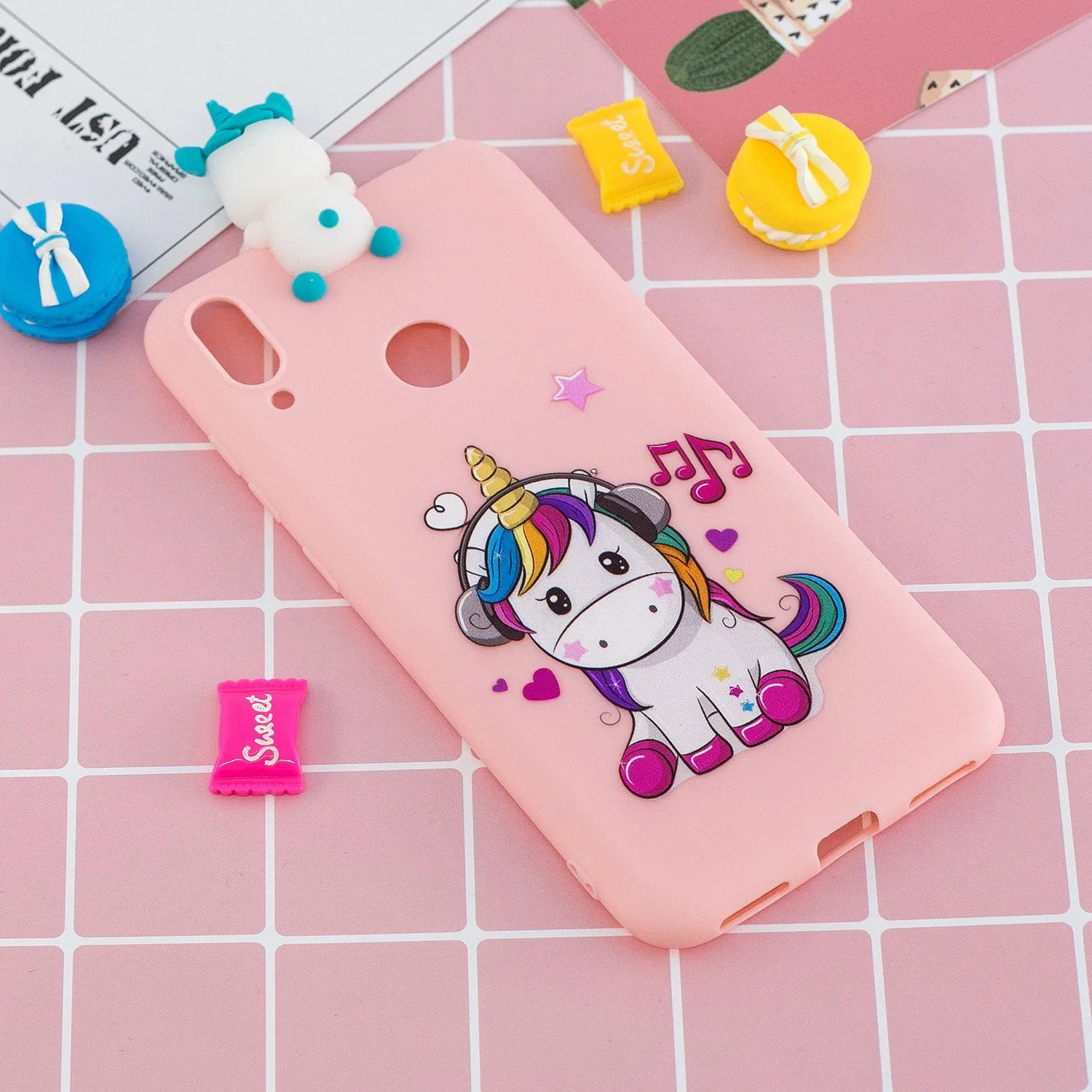 For Huawei Y7 2019 3D Cartoon Lovely Coloured Painted Soft TPU Back Cover Non-slip Shockproof Full Protective Case Music unicorn