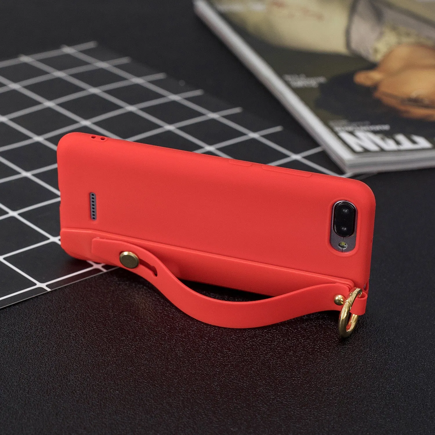 For Redmi 6A Simple Solid Color Chic Wrist Rope Bracket Matte TPU Anti-scratch Non-slip Protective Cover Back Case 4 red