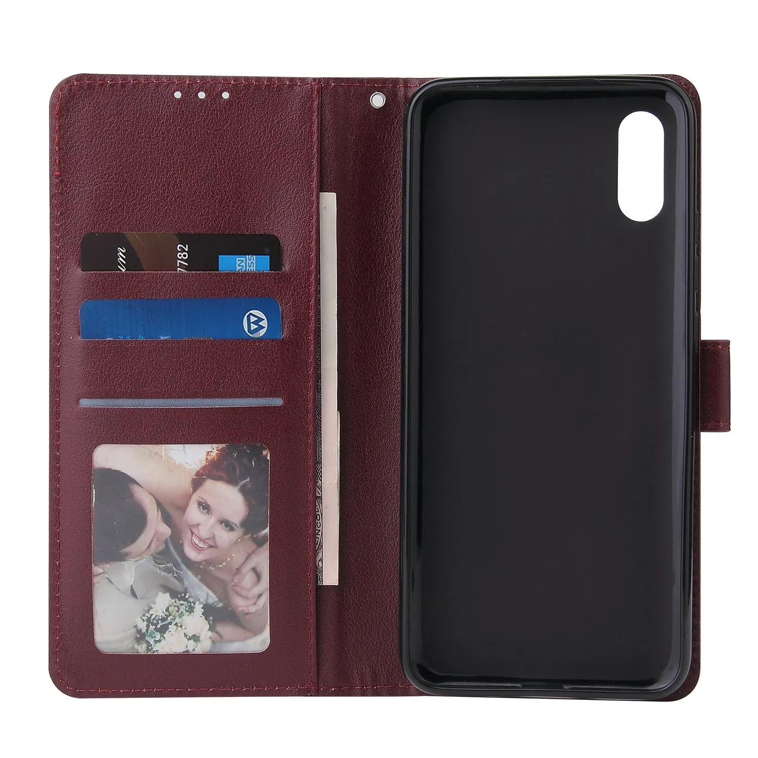 For Redmi 9A/Redmi 9C PU Leather Mobile Phone Cover with 3 Cards Slots Phone Frame Red wine