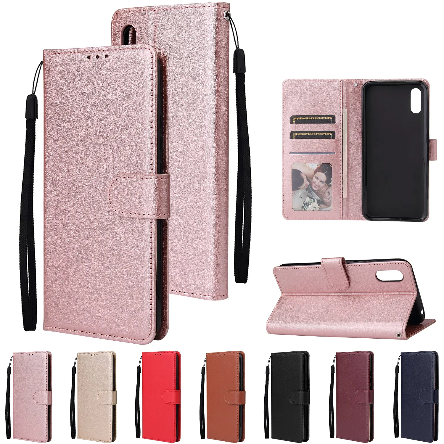 For Redmi 9A/Redmi 9C PU Leather Mobile Phone Cover with 3 Cards Slots Phone Frame Red wine