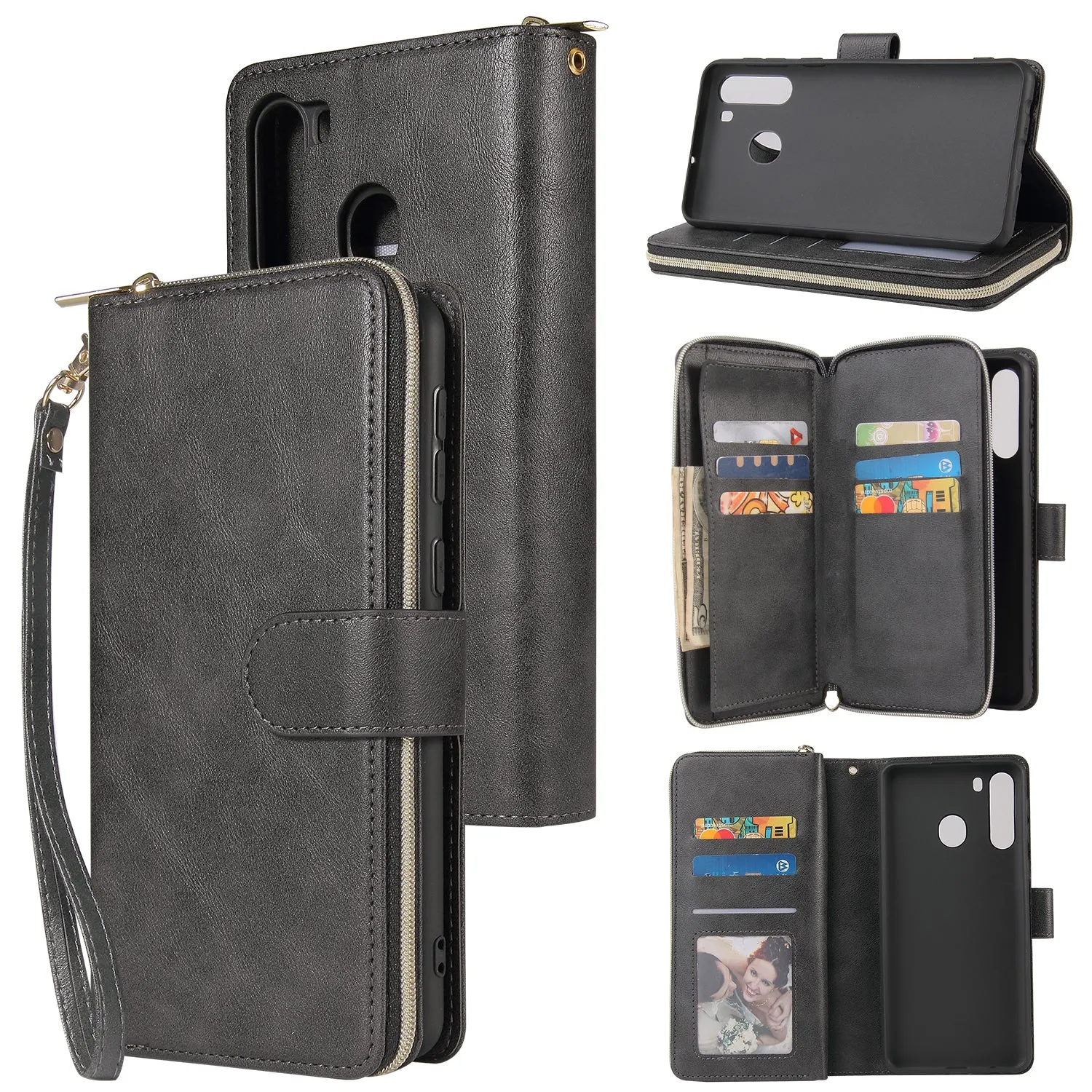 For Samsung A01/A21/A31/A41/A51 Pu Leather  Mobile Phone Cover Zipper Card Bag   Wrist Strap black