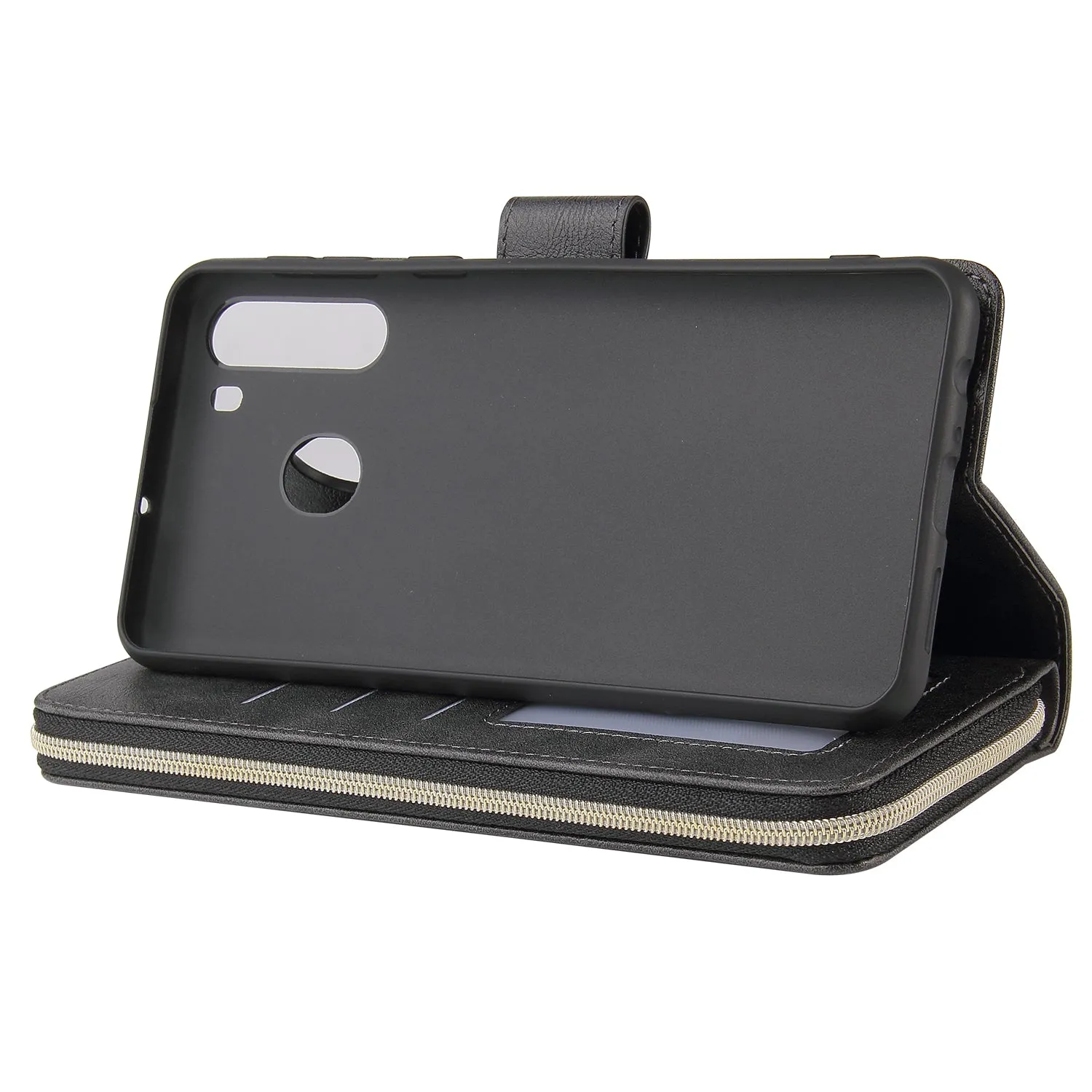 For Samsung A01/A21/A31/A41/A51 Pu Leather  Mobile Phone Cover Zipper Card Bag   Wrist Strap black